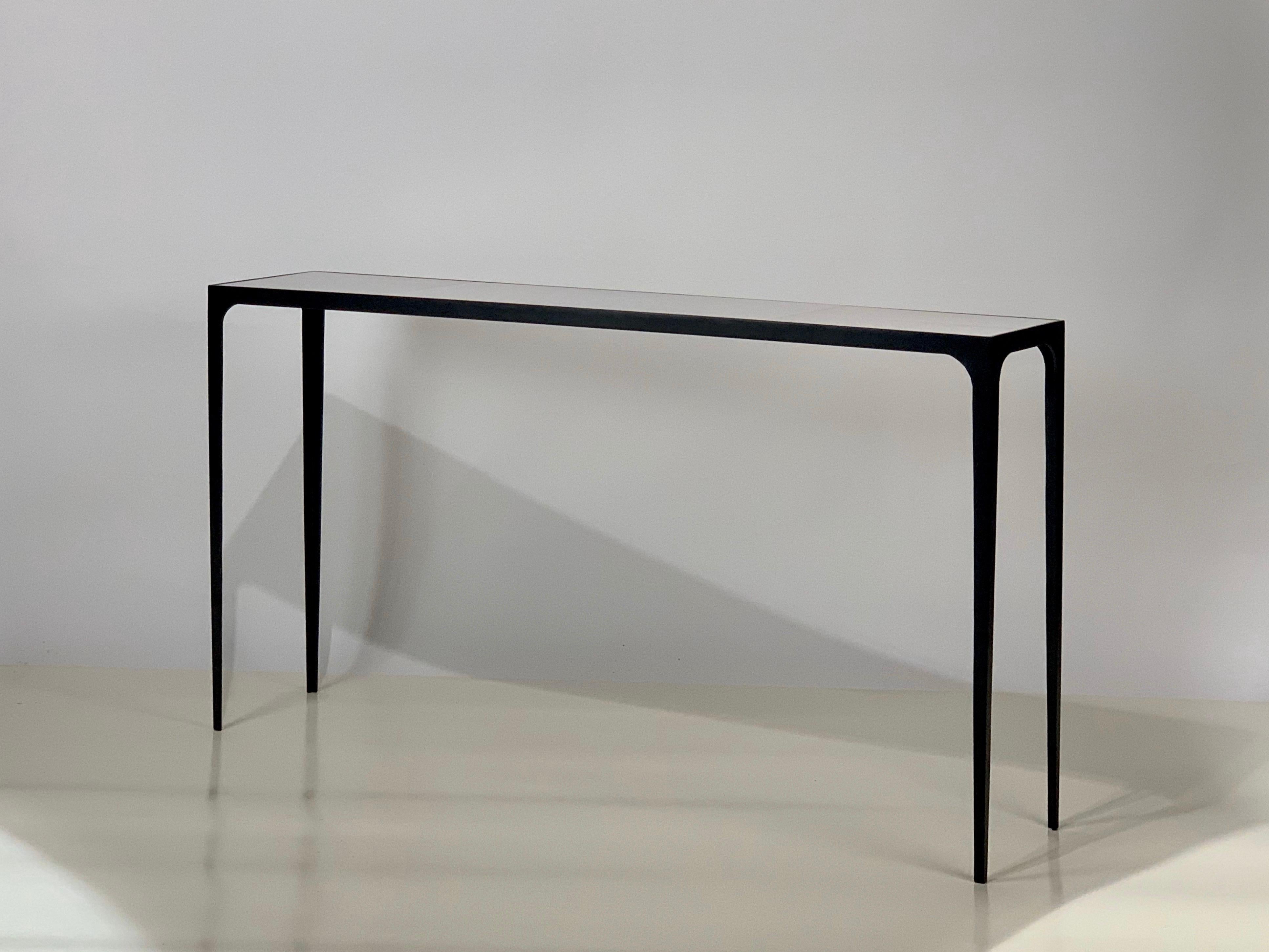 Art Deco Extra-Long 'Esquisse' Blackened Iron and Goatskin Console by Design Frères For Sale