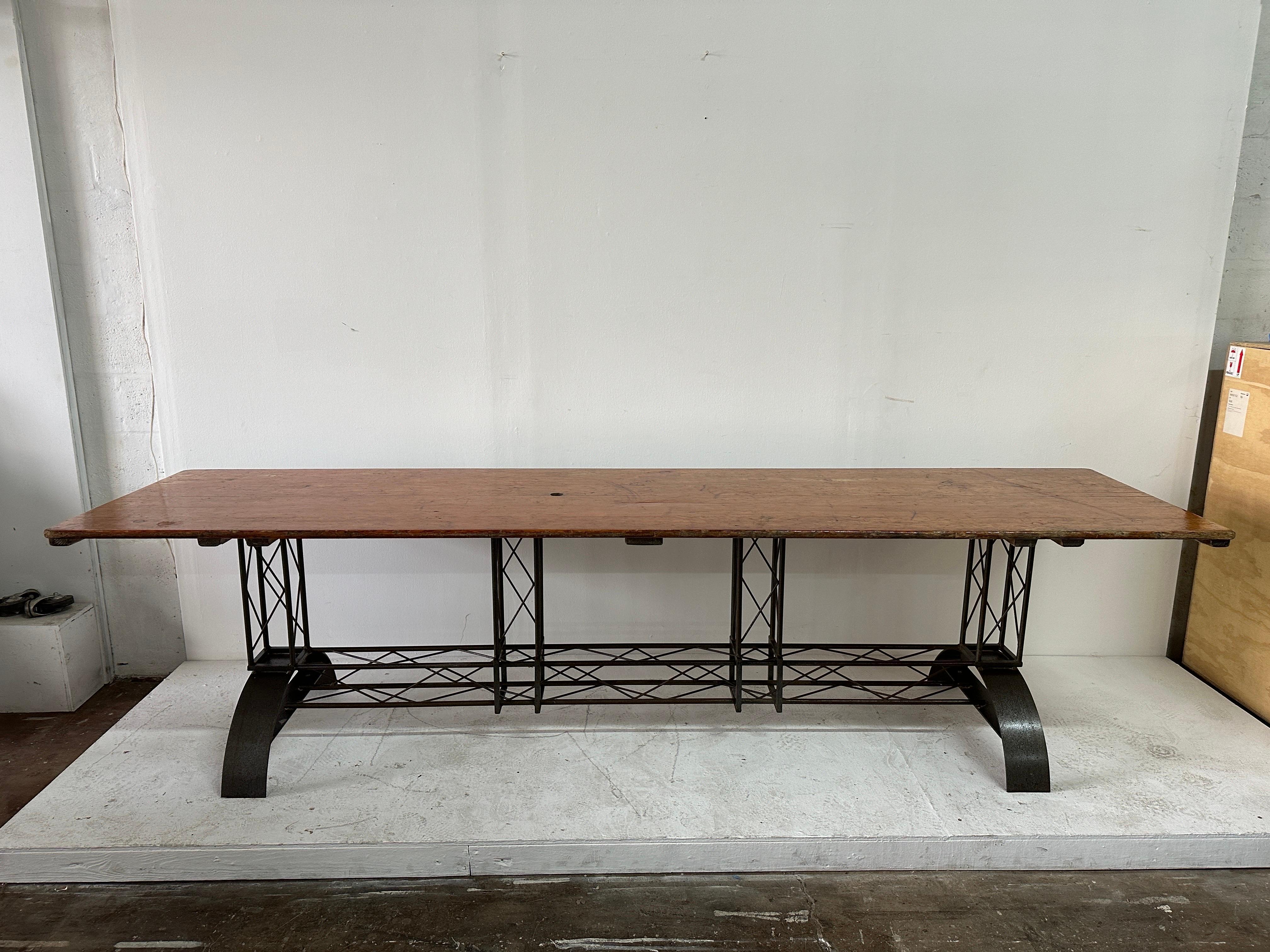 Extra Long French Architectural Iron Base Table w/ Distressed Wood Top For Sale 5