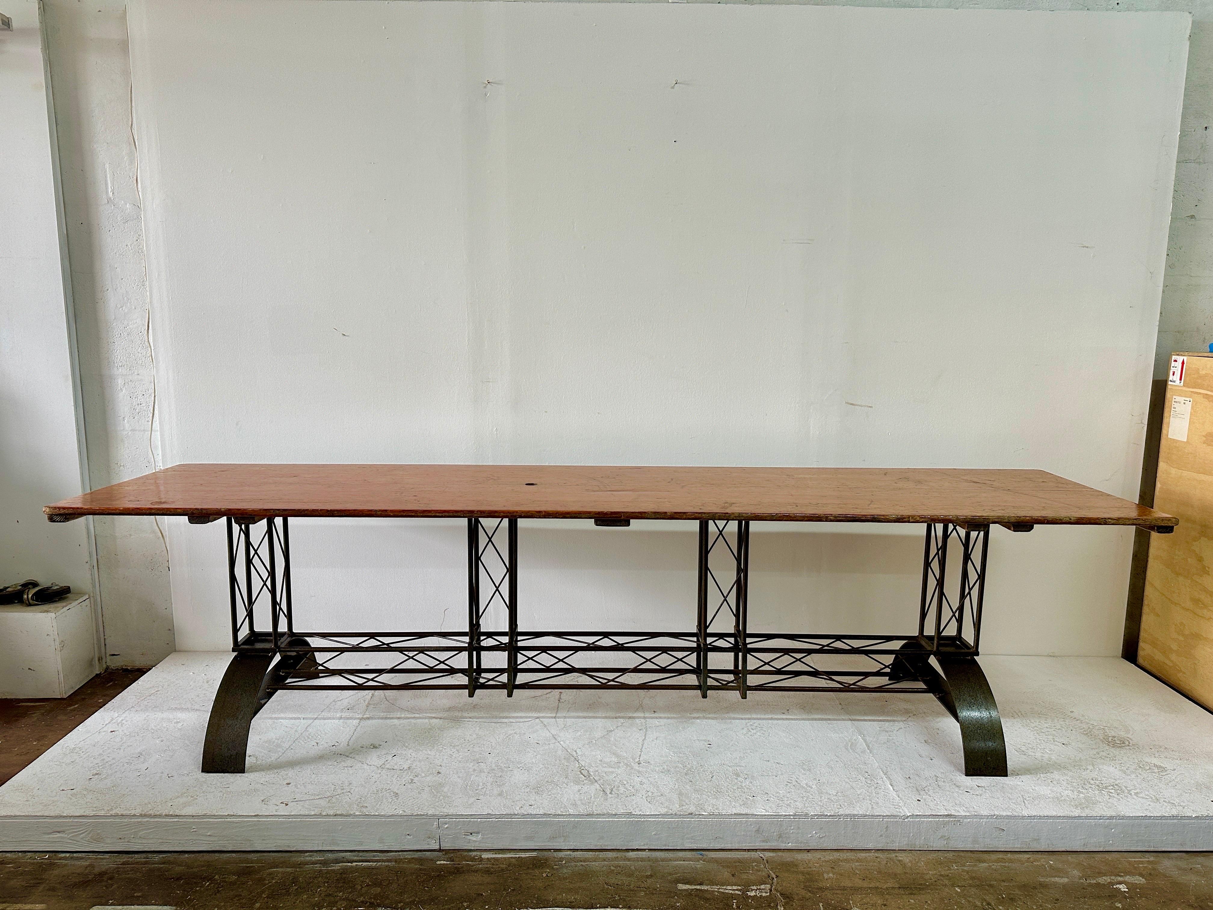 Extra Long French Architectural Iron Base Table w/ Distressed Wood Top For Sale 6