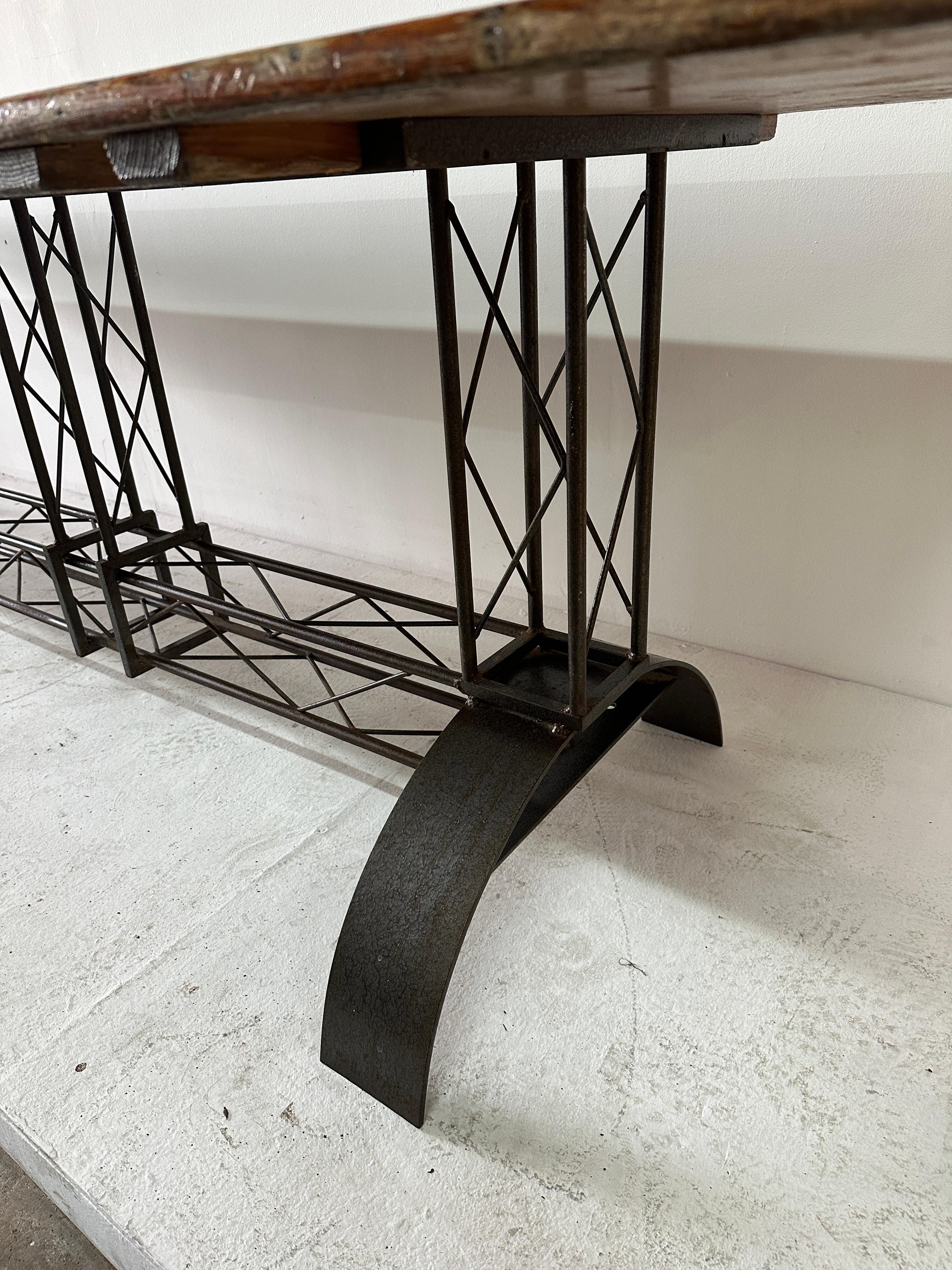 Extra Long French Architectural Iron Base Table w/ Distressed Wood Top For Sale 7