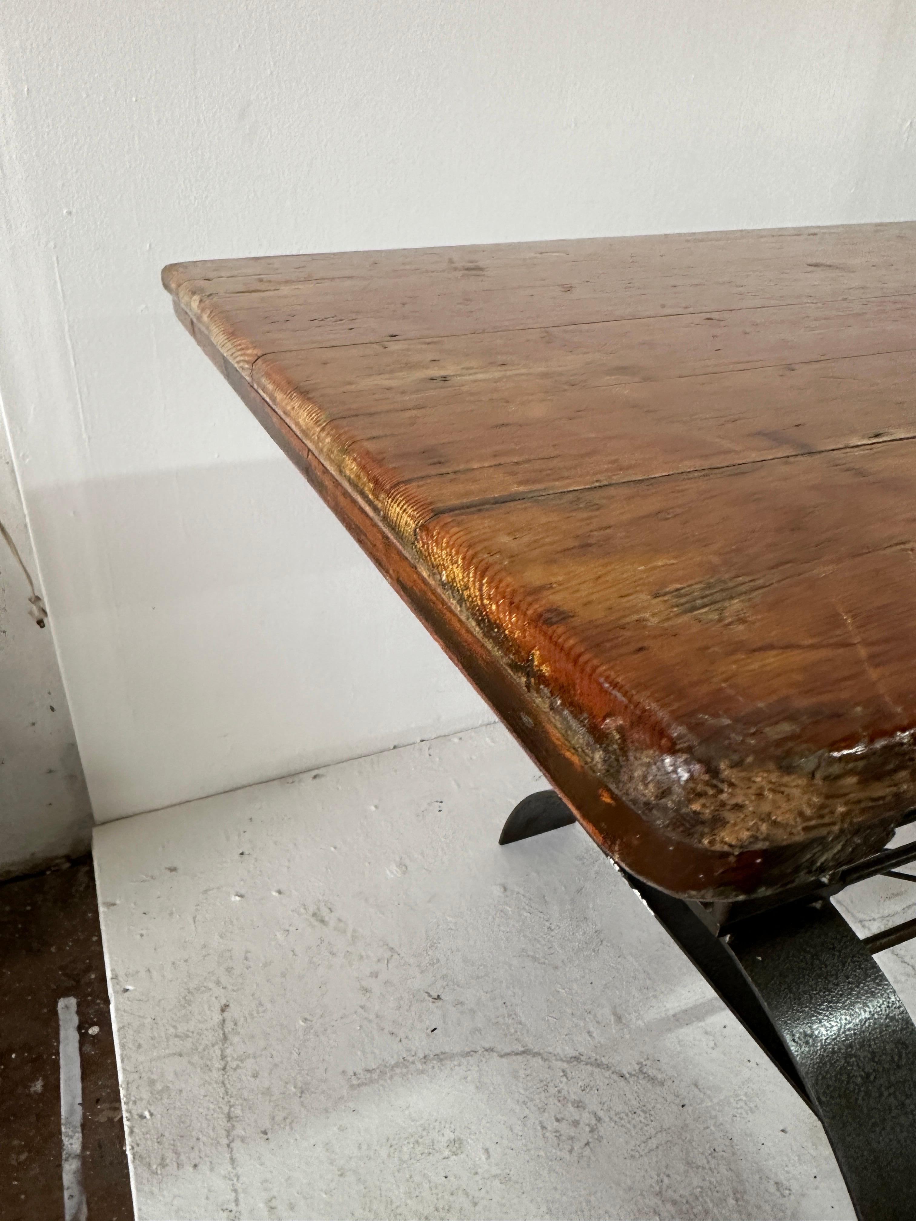 Extra Long French Architectural Iron Base Table w/ Distressed Wood Top For Sale 8