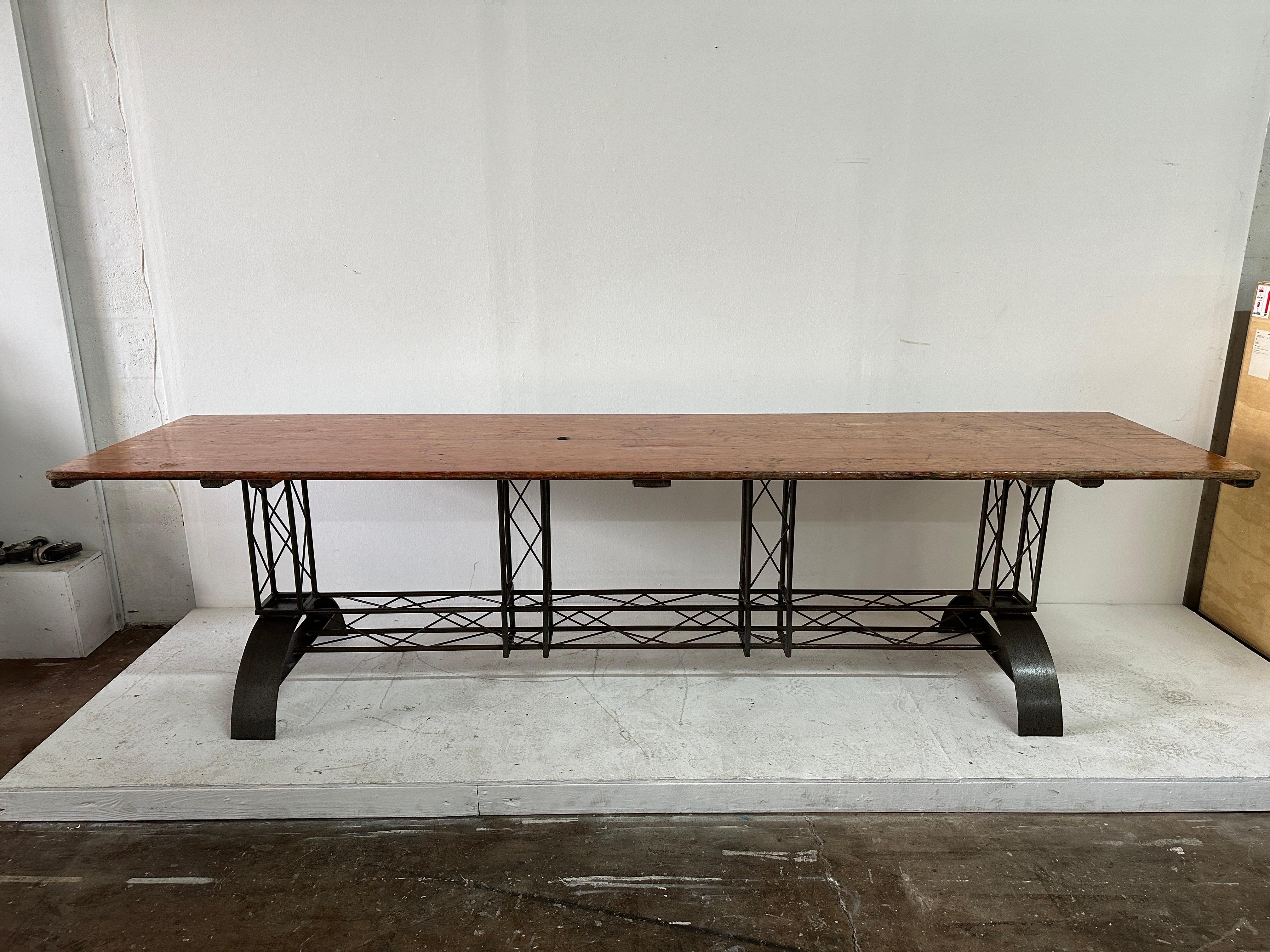 Extra Long French Architectural Iron Base Table w/ Distressed Wood Top For Sale 9