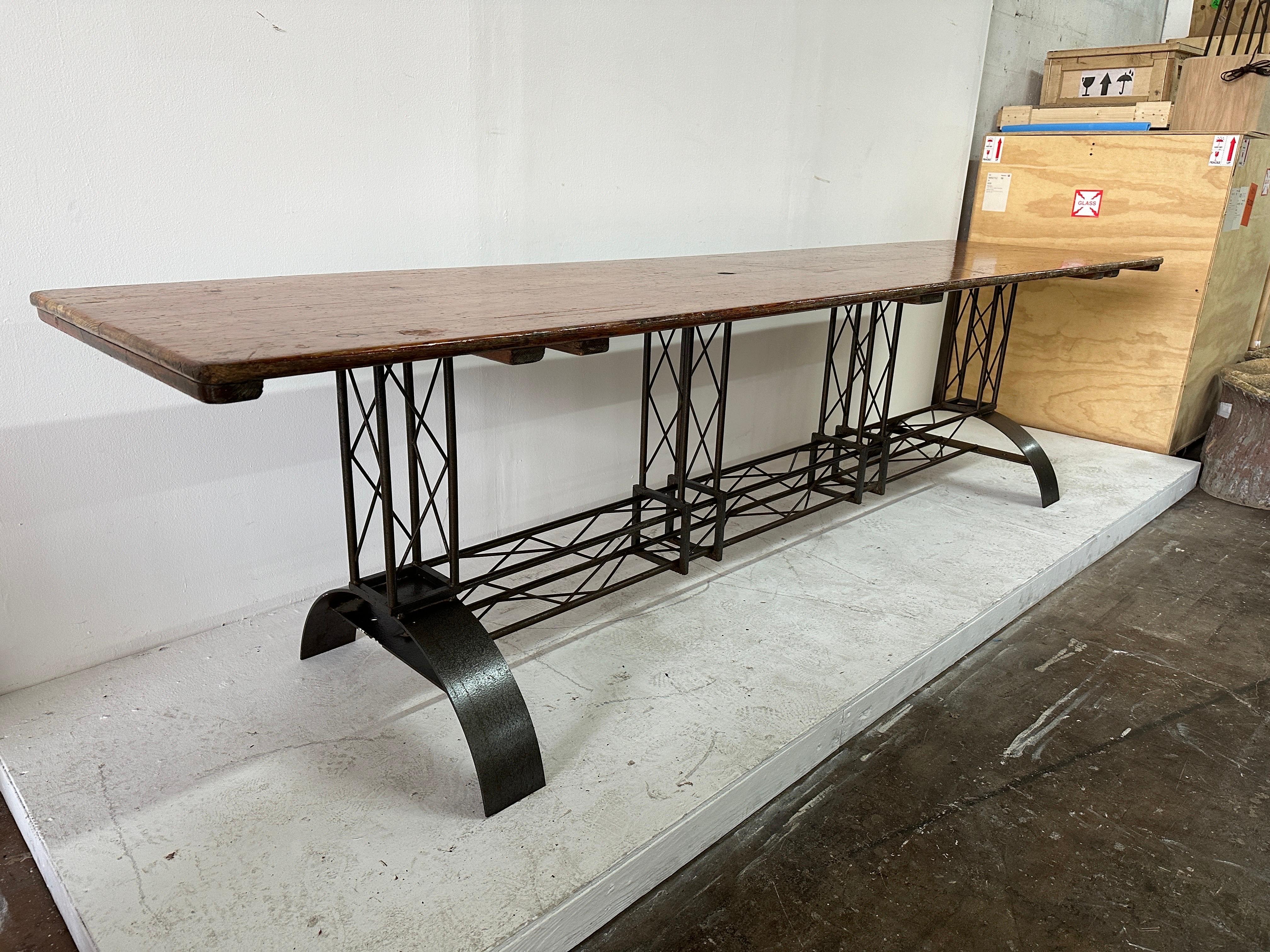 Industrial Extra Long French Architectural Iron Base Table w/ Distressed Wood Top For Sale