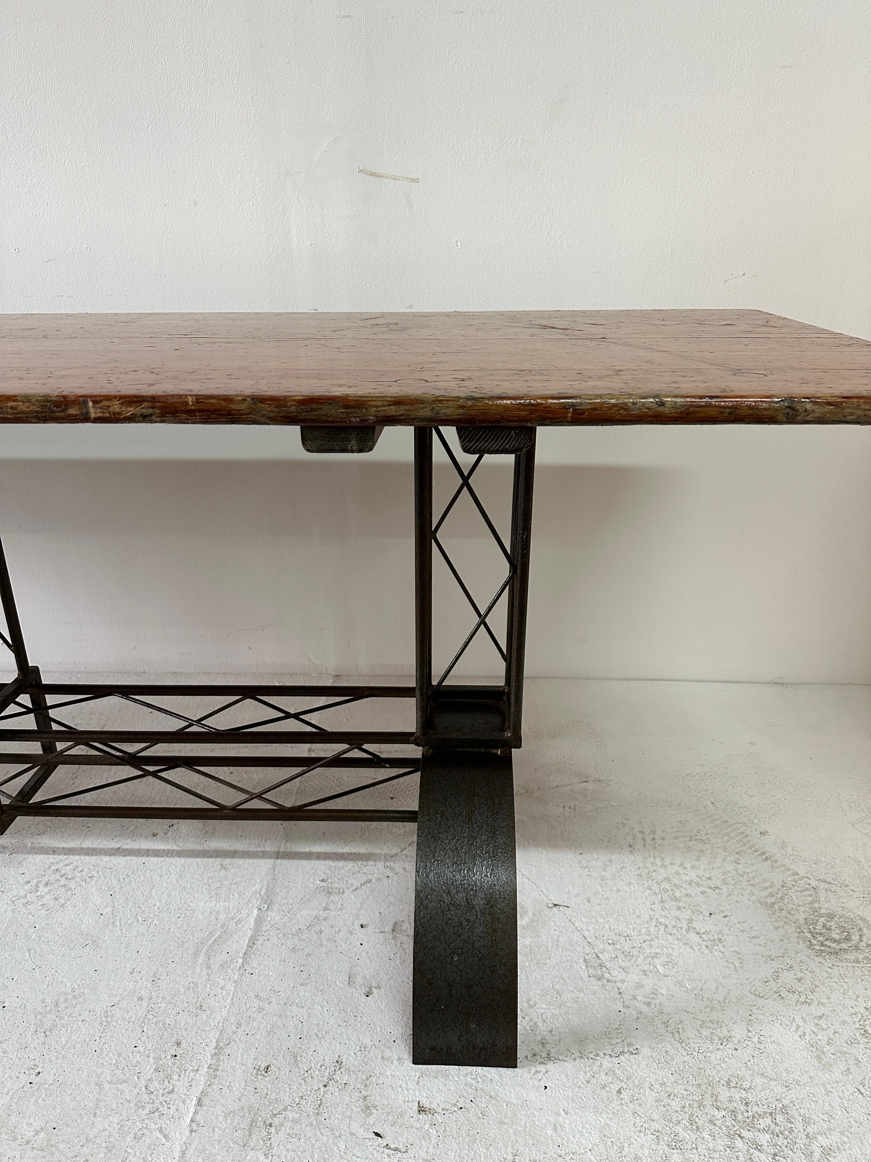 Mid-20th Century Extra Long French Architectural Iron Base Table w/ Distressed Wood Top For Sale