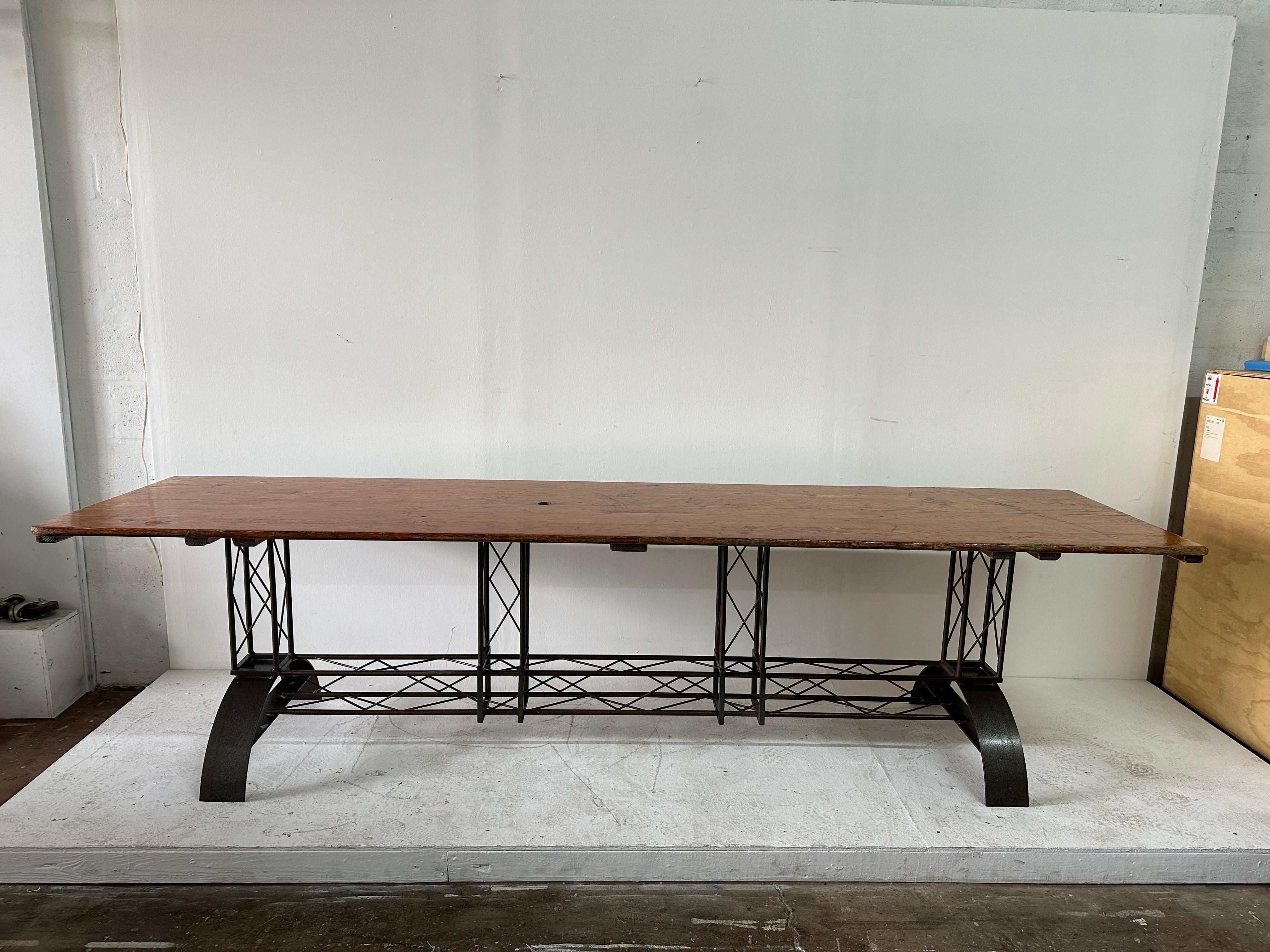 Extra Long French Architectural Iron Base Table w/ Distressed Wood Top For Sale 2