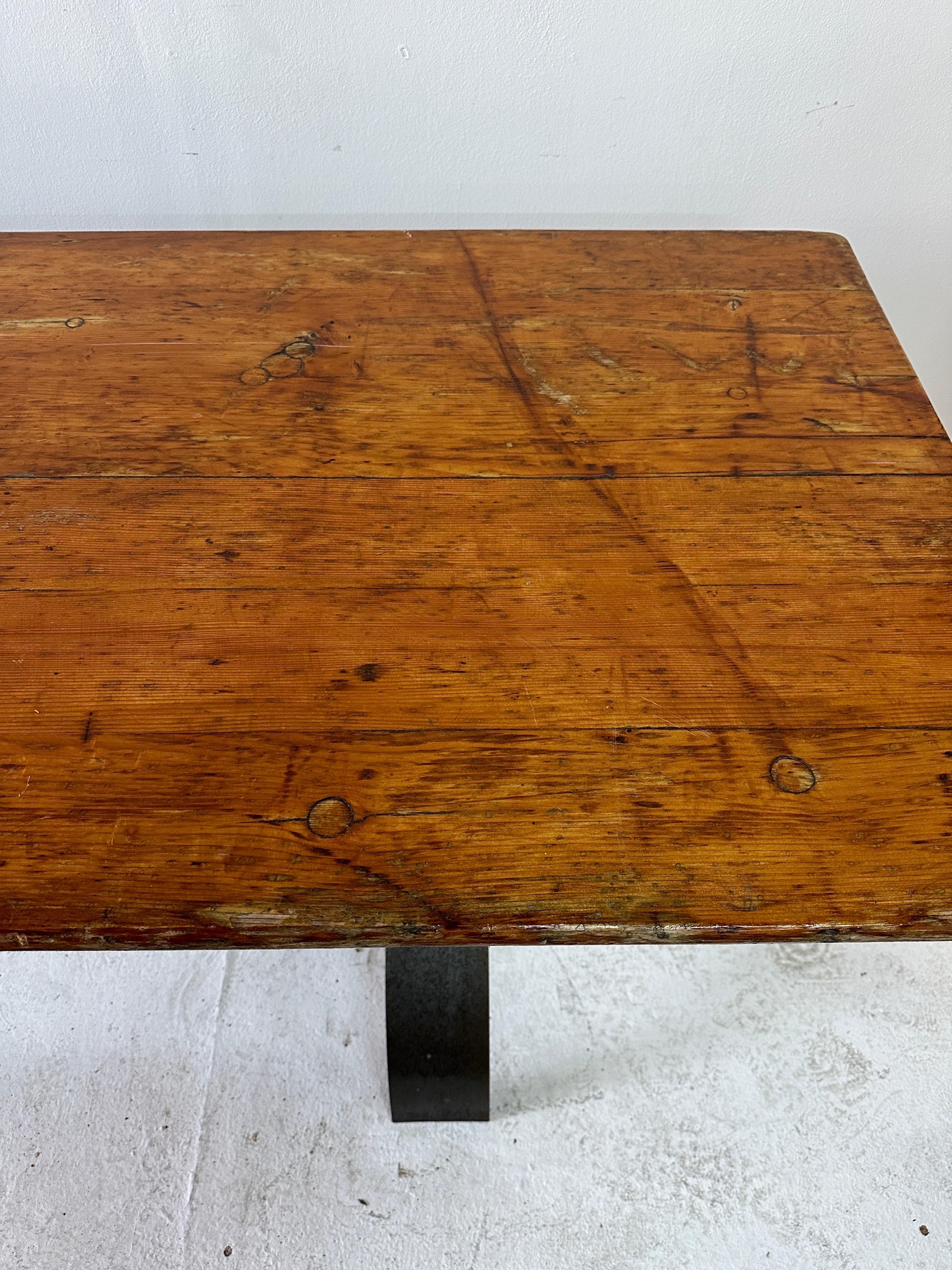 Extra Long French Architectural Iron Base Table w/ Distressed Wood Top For Sale 3