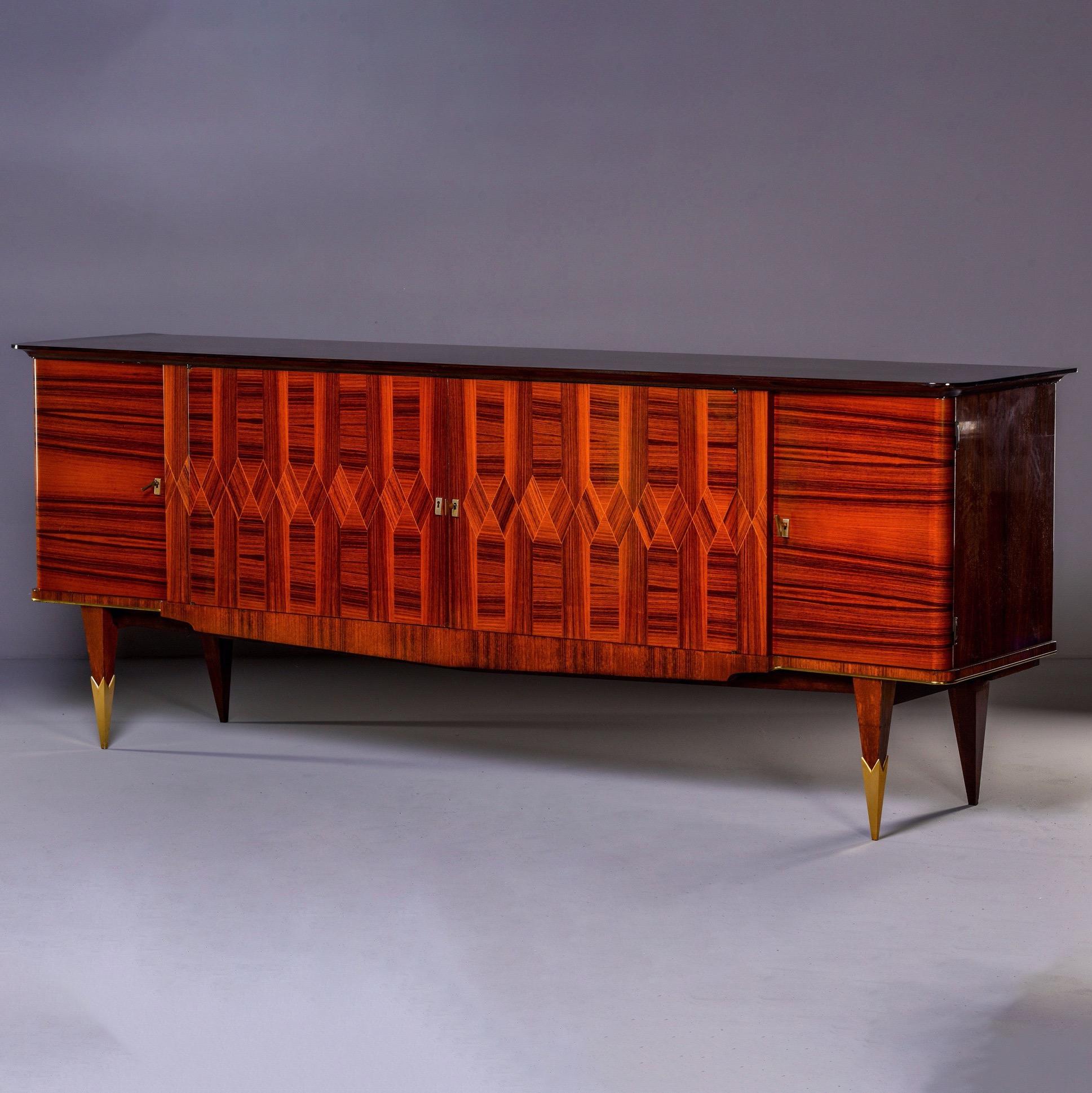 Art Deco Extra Long French Deco Macassar Buffet Credenza with Marquetry and Ebonized Top