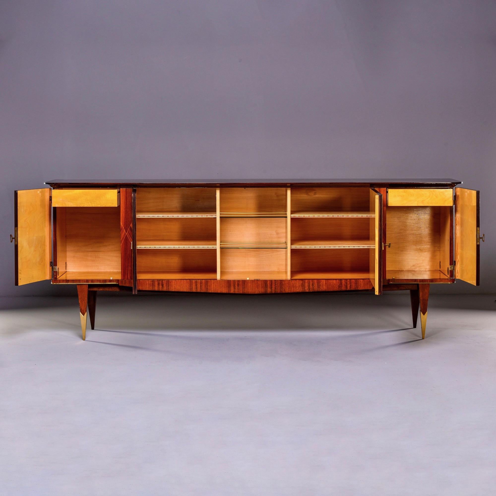 Brass Extra Long French Deco Macassar Buffet Credenza with Marquetry and Ebonized Top