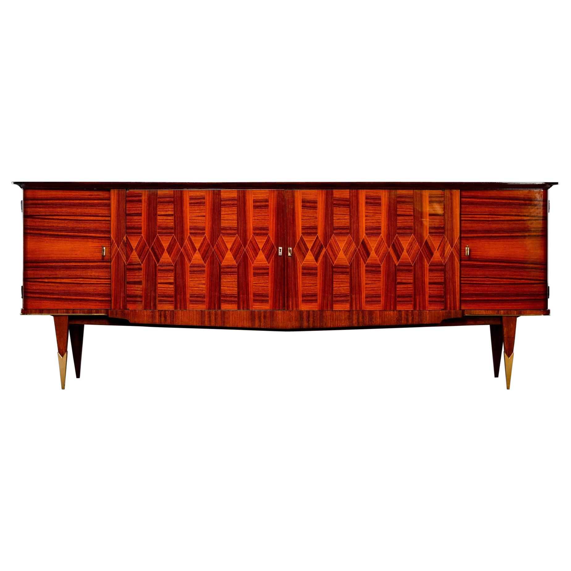 Extra Long French Deco Macassar Buffet Credenza with Marquetry and Ebonized Top
