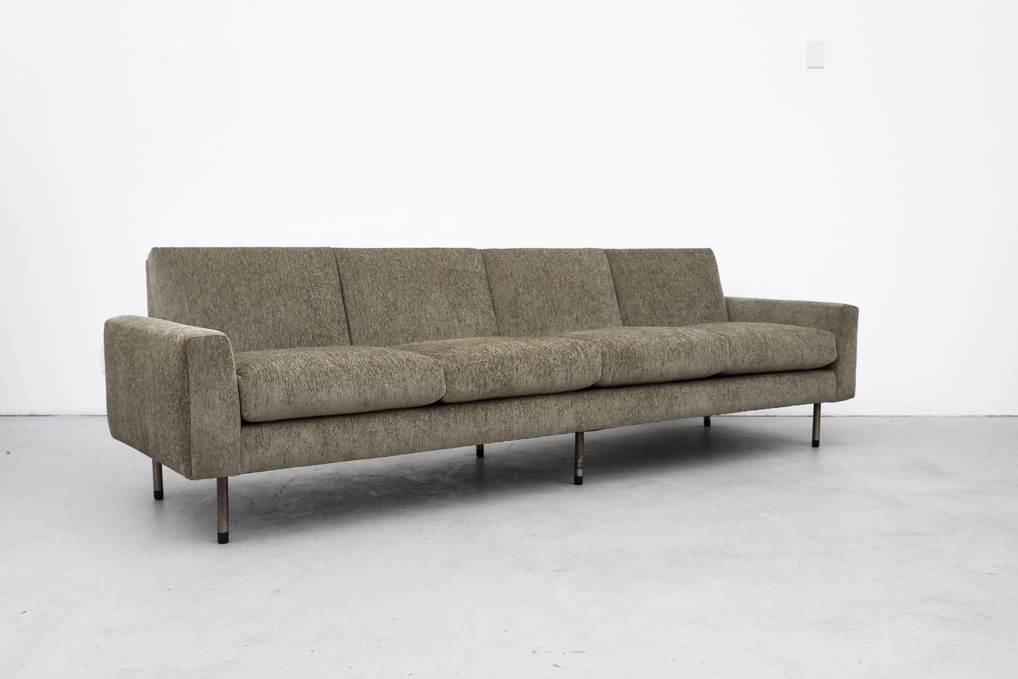 Extra long midcentury Gelderland 4 seater velour upholstered sofa by famed Dutch designer Rob Parry. Parry studied at the Royal Academy of Art in The Hague. After graduating, Parry started his own business. Until 1995 he designed interiors,