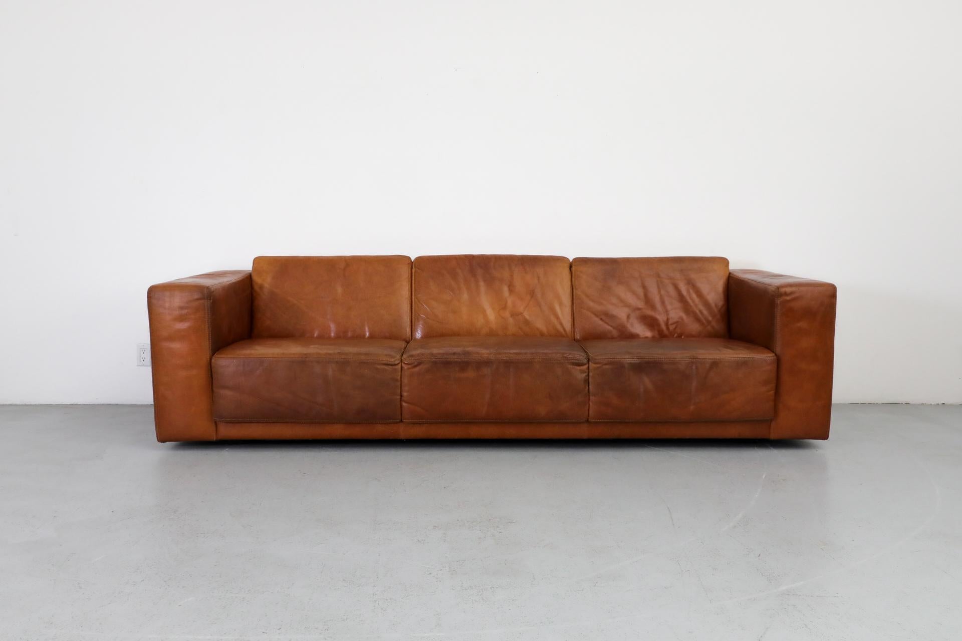 Mid-Century Modern Extra Long Gerard van den Berg Style Cognac Leather Sofa by Topform