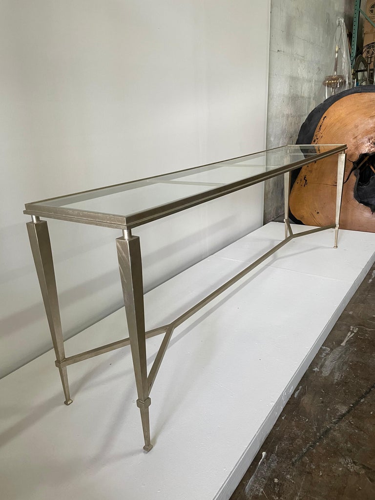 Extra Long Heavy French Gilded Steel Console Table For Sale 1