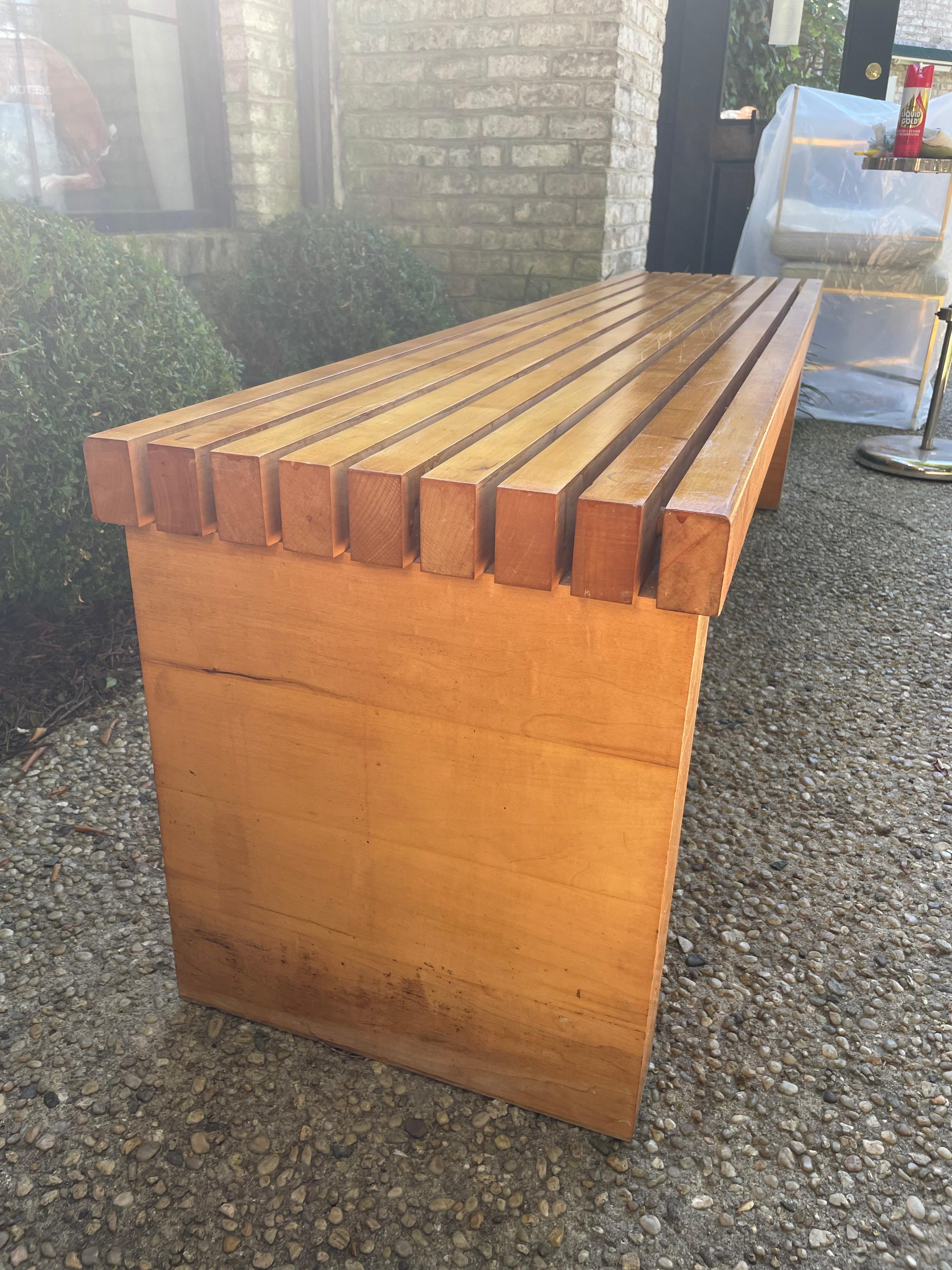 Extra Long Heavy Vintage Maple Wood Slatted Bench For Sale 5