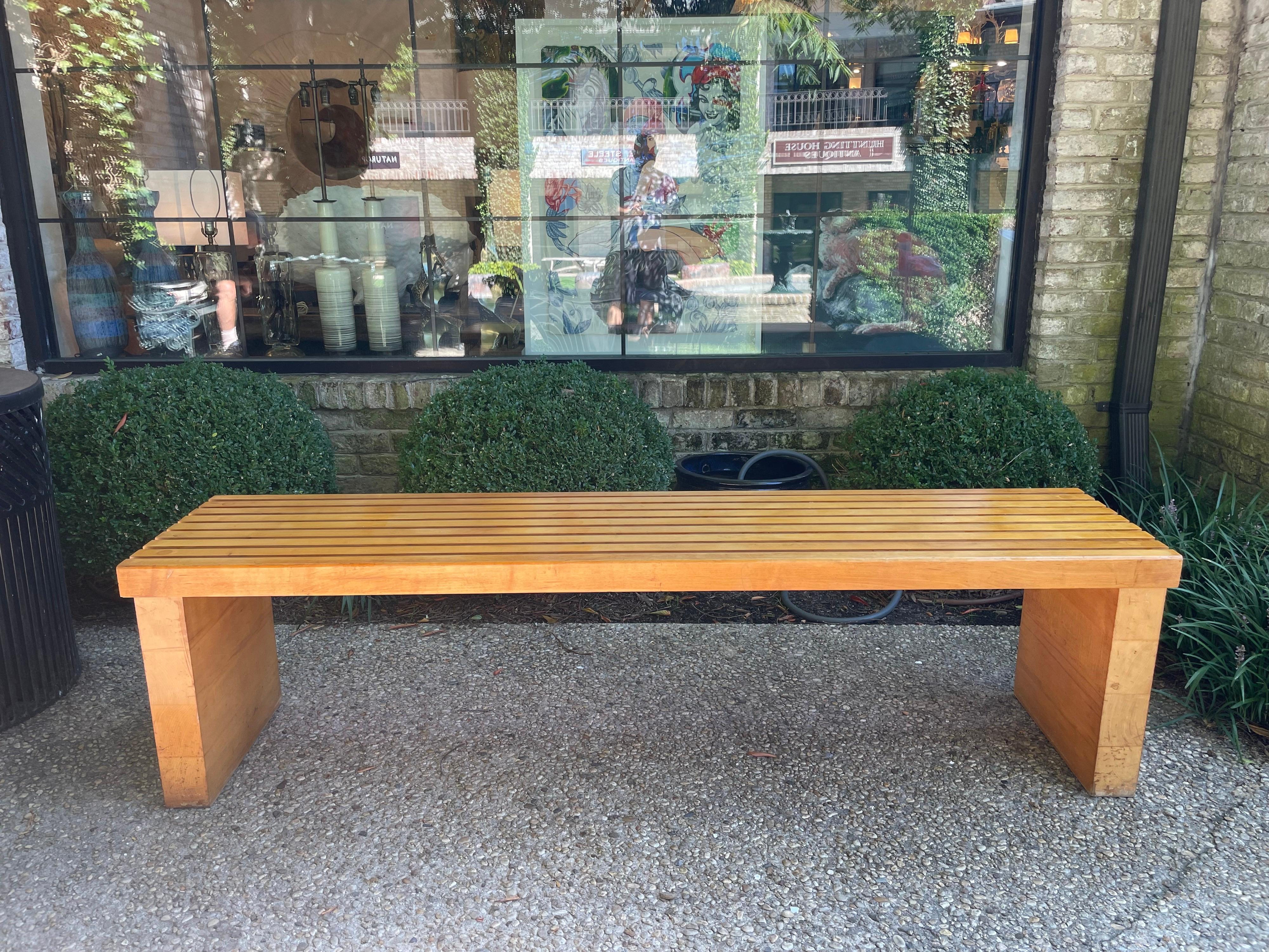 Extra Long Heavy Vintage Maple Wood Slatted Bench For Sale 6