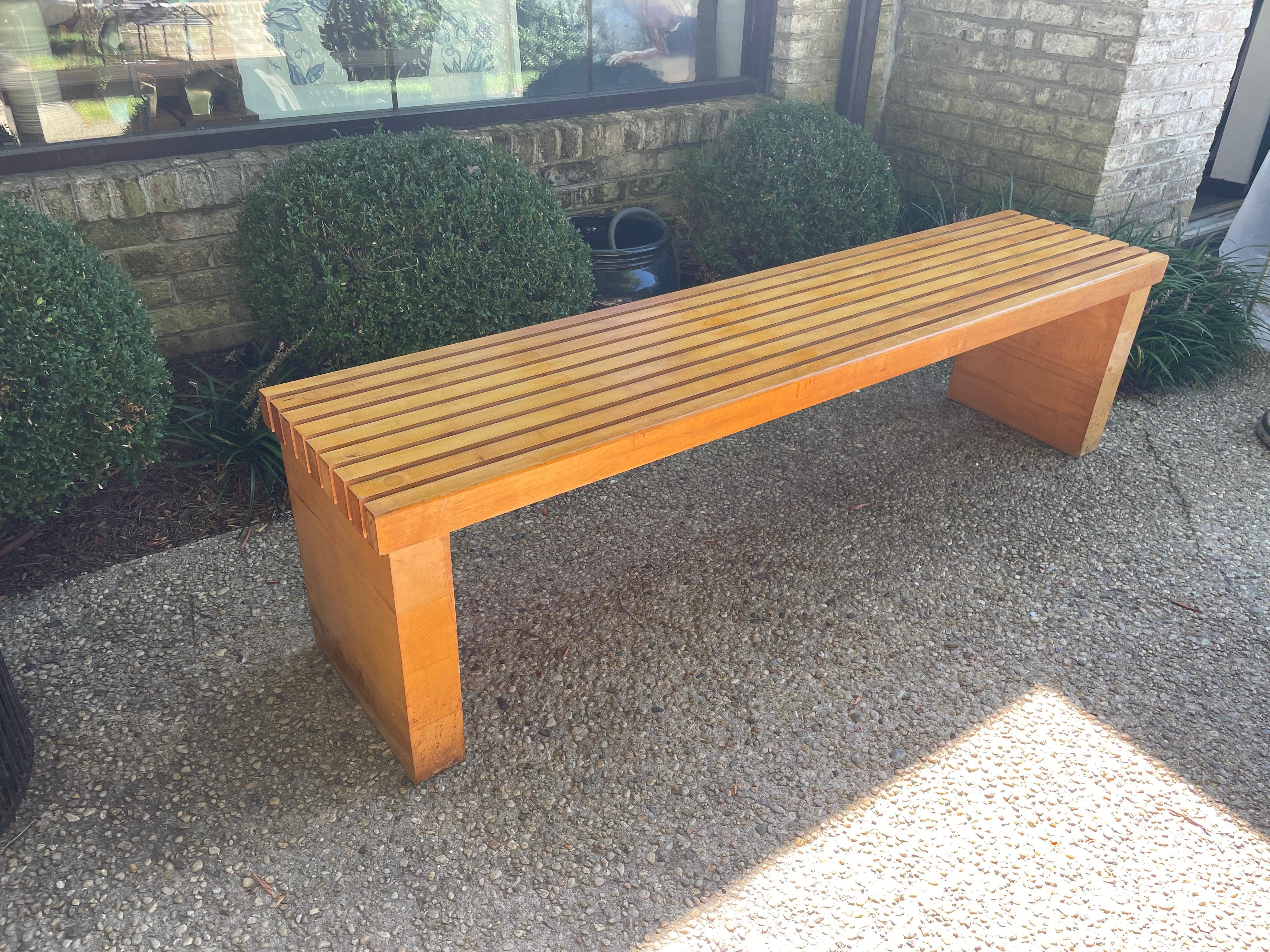 Extra Long Heavy Vintage Maple Wood Slatted Bench For Sale 7
