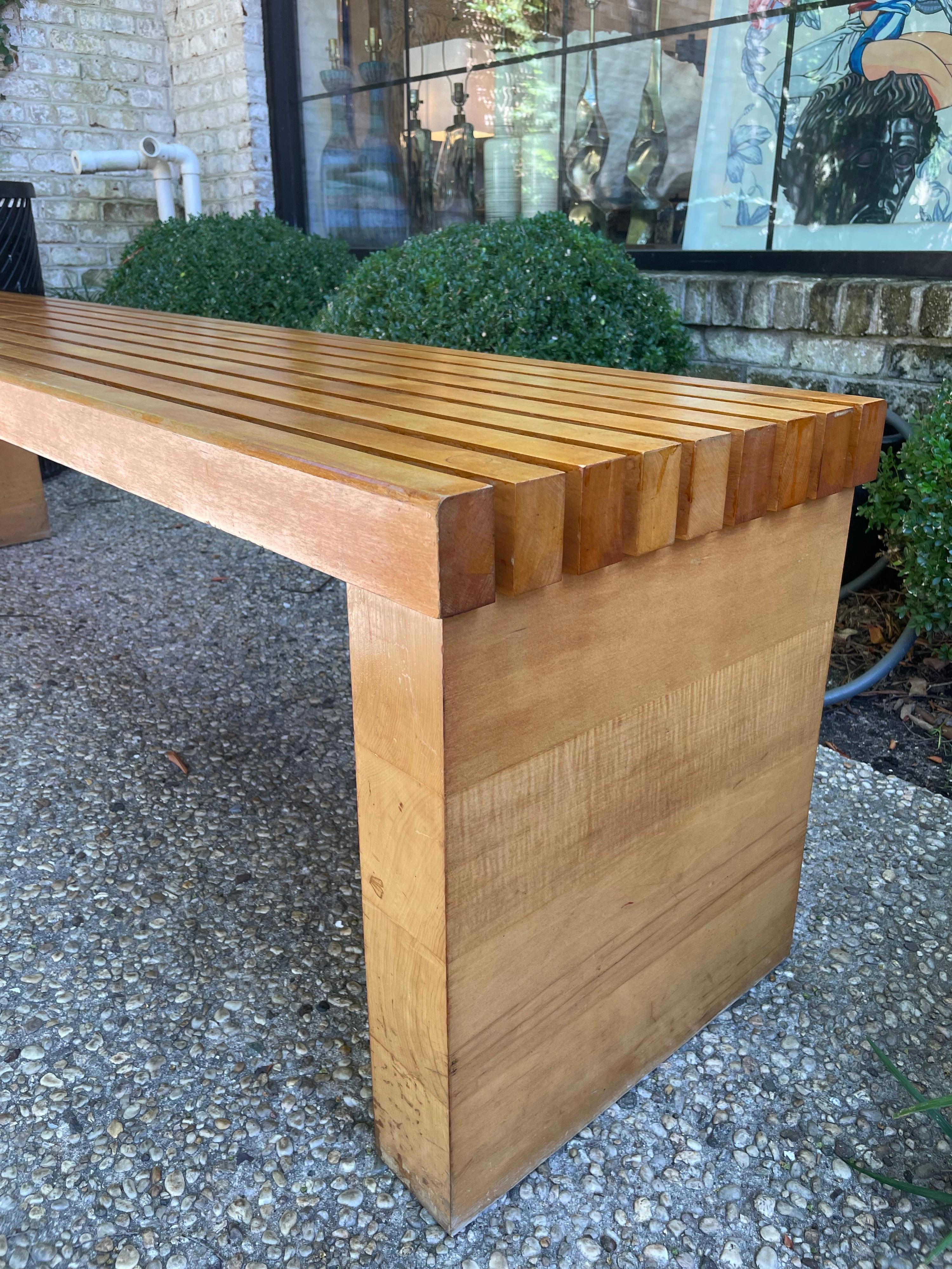 Mid-Century Modern Extra Long Heavy Vintage Maple Wood Slatted Bench For Sale