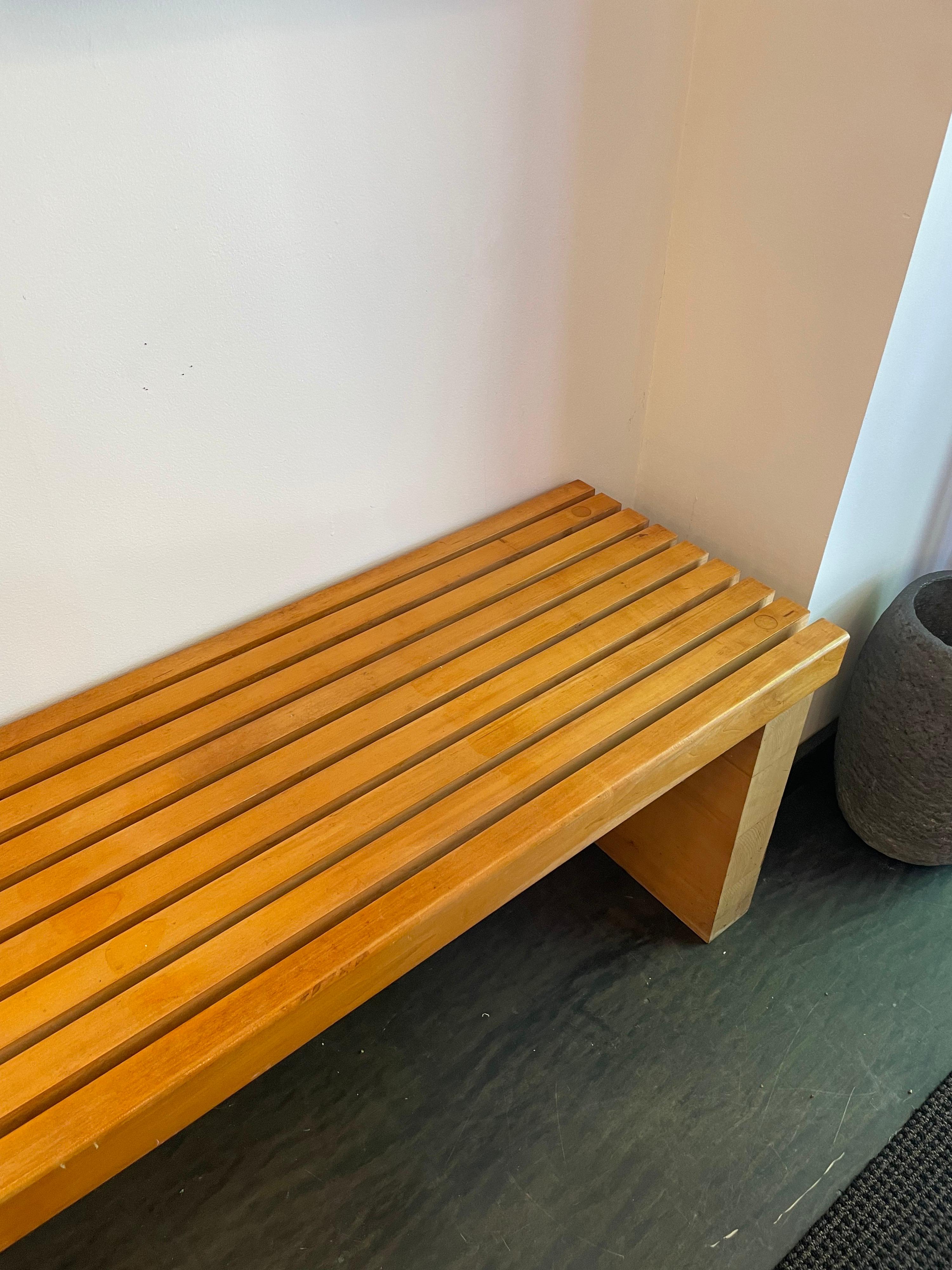 French Extra Long Heavy Vintage Maple Wood Slatted Bench For Sale