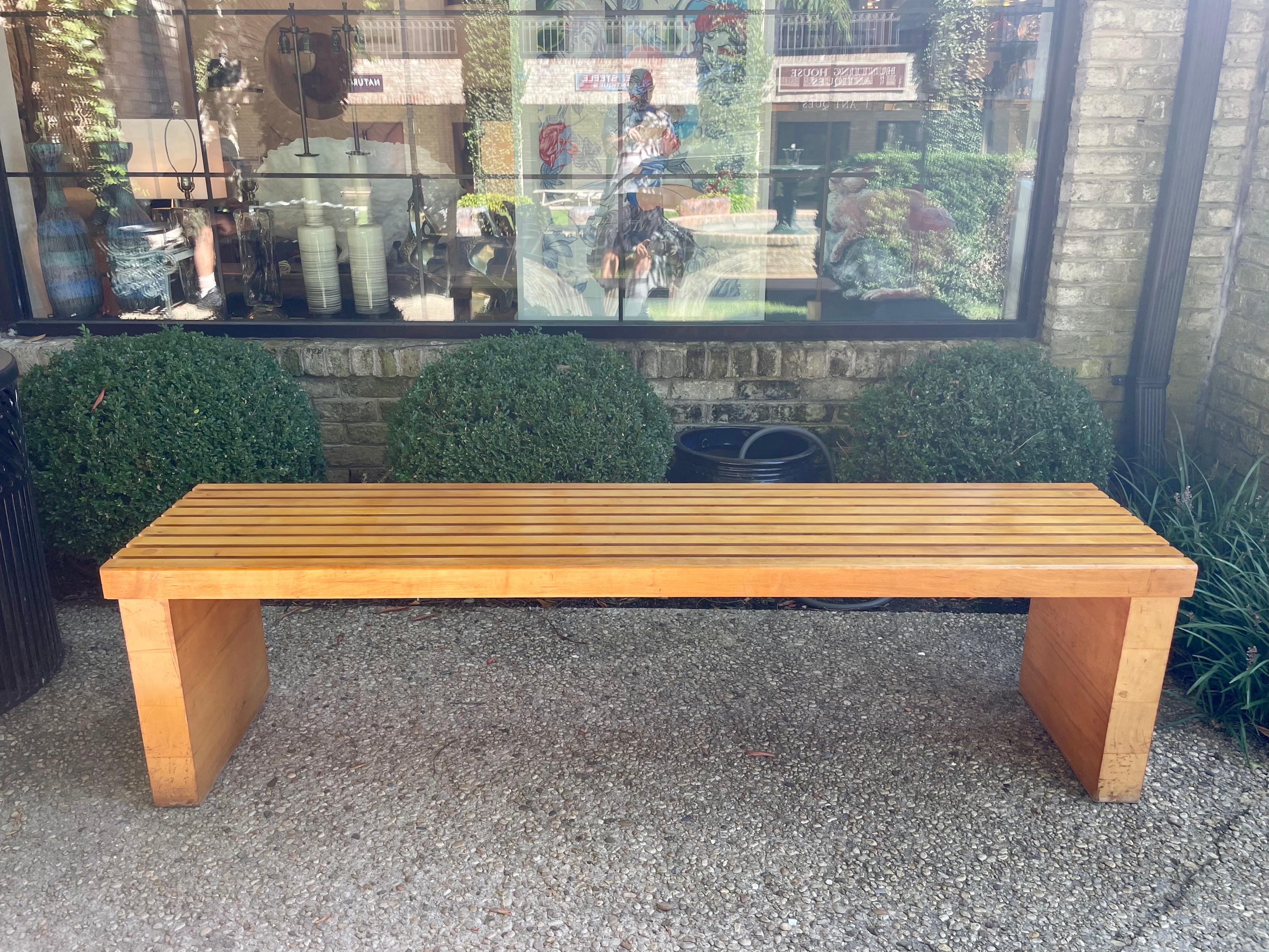 Extra Long Heavy Vintage Maple Wood Slatted Bench In Good Condition For Sale In East Hampton, NY