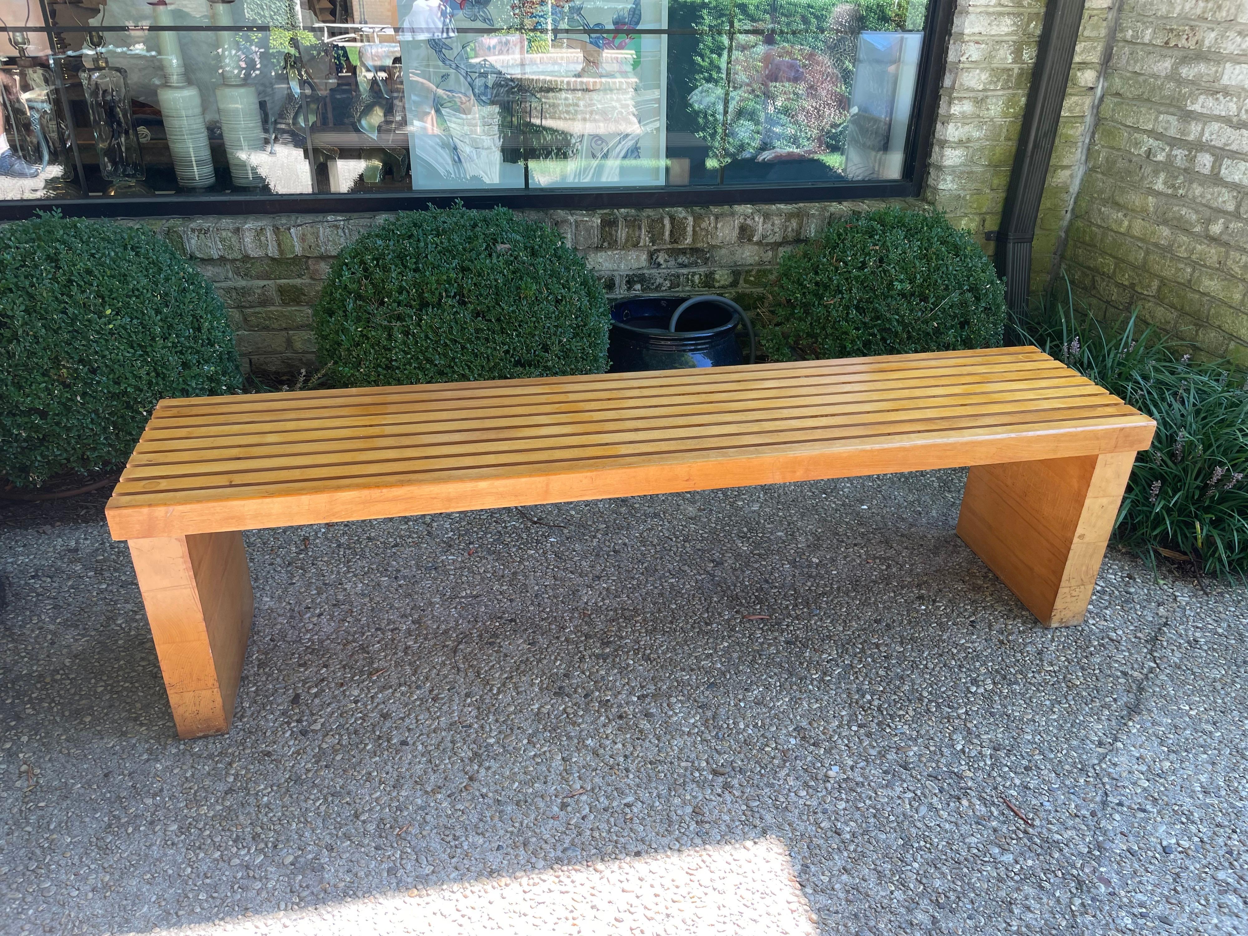 Mid-20th Century Extra Long Heavy Vintage Maple Wood Slatted Bench For Sale
