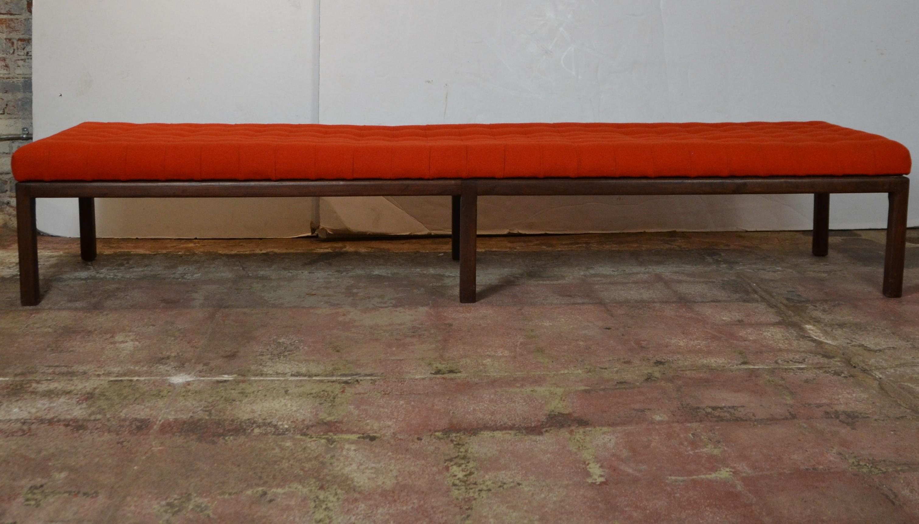 Mid-century classic design extra long bench. Later upholstery.