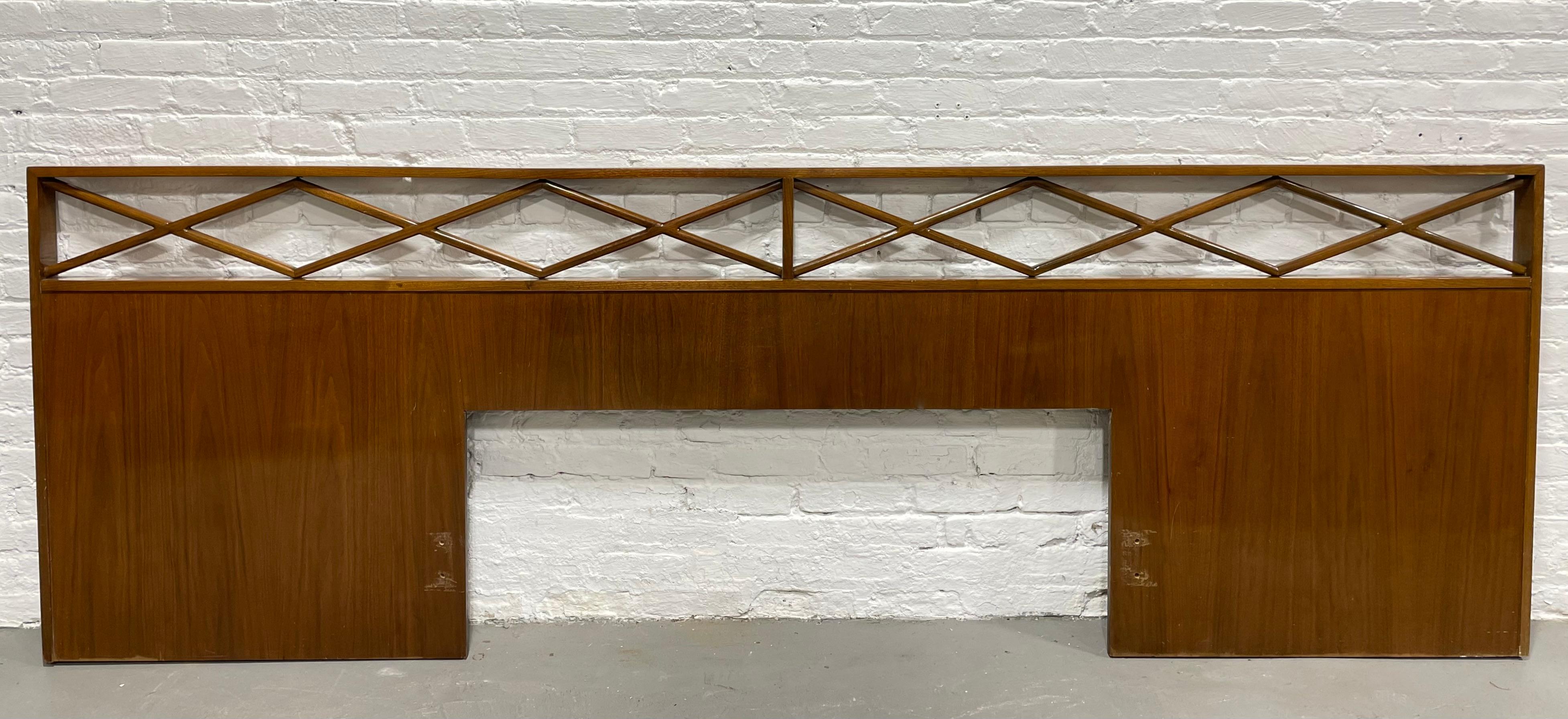 Extra long Mid-Century Modern headboard that may be used for a king, queen or full bed, depending on where you choose to attach the metal frame. Phenomenal design in a high gloss finish. The holes are already made for a full bed but they can easily
