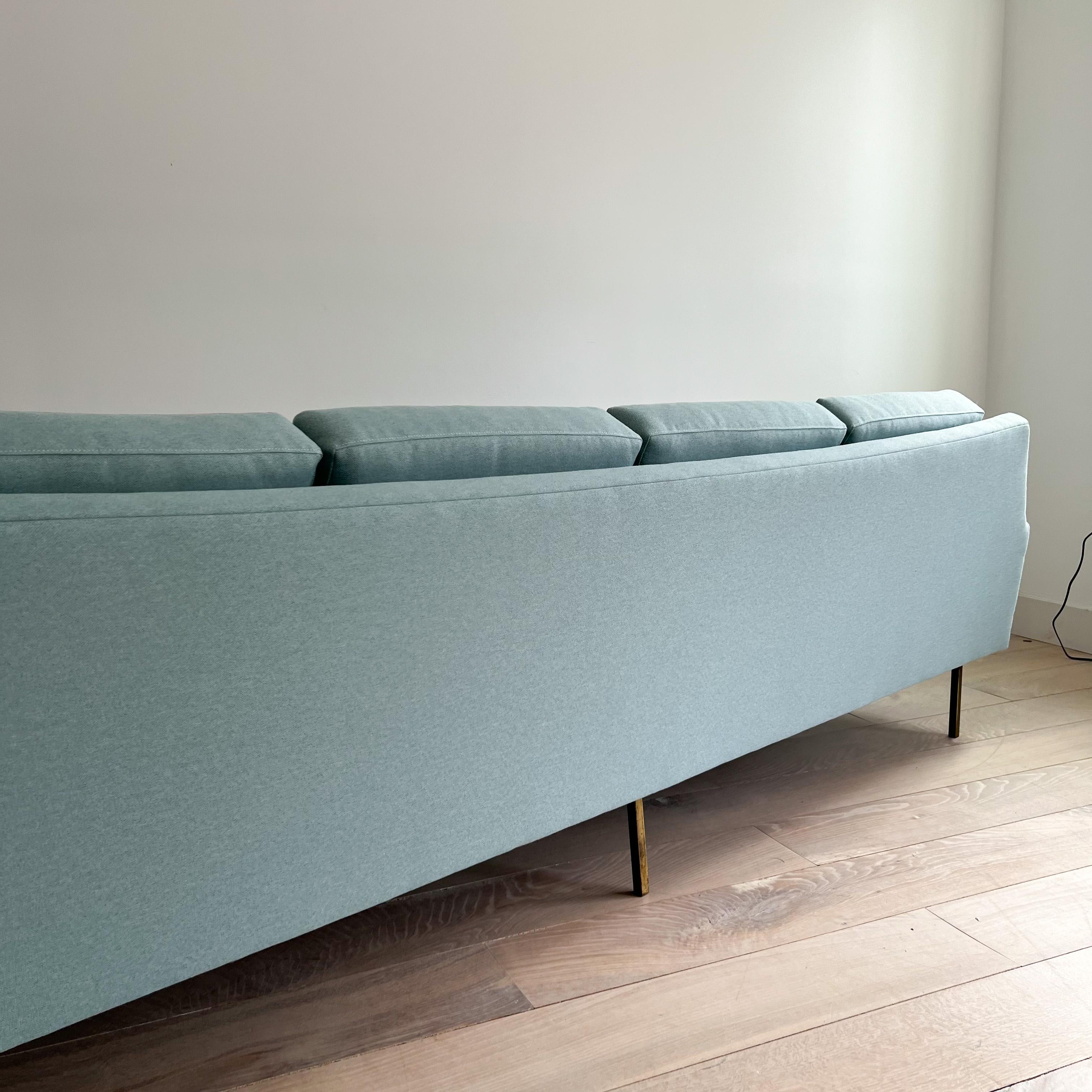 Extra Long Mid-Century Modern Sofa with Curved Back and Brass Legs 8
