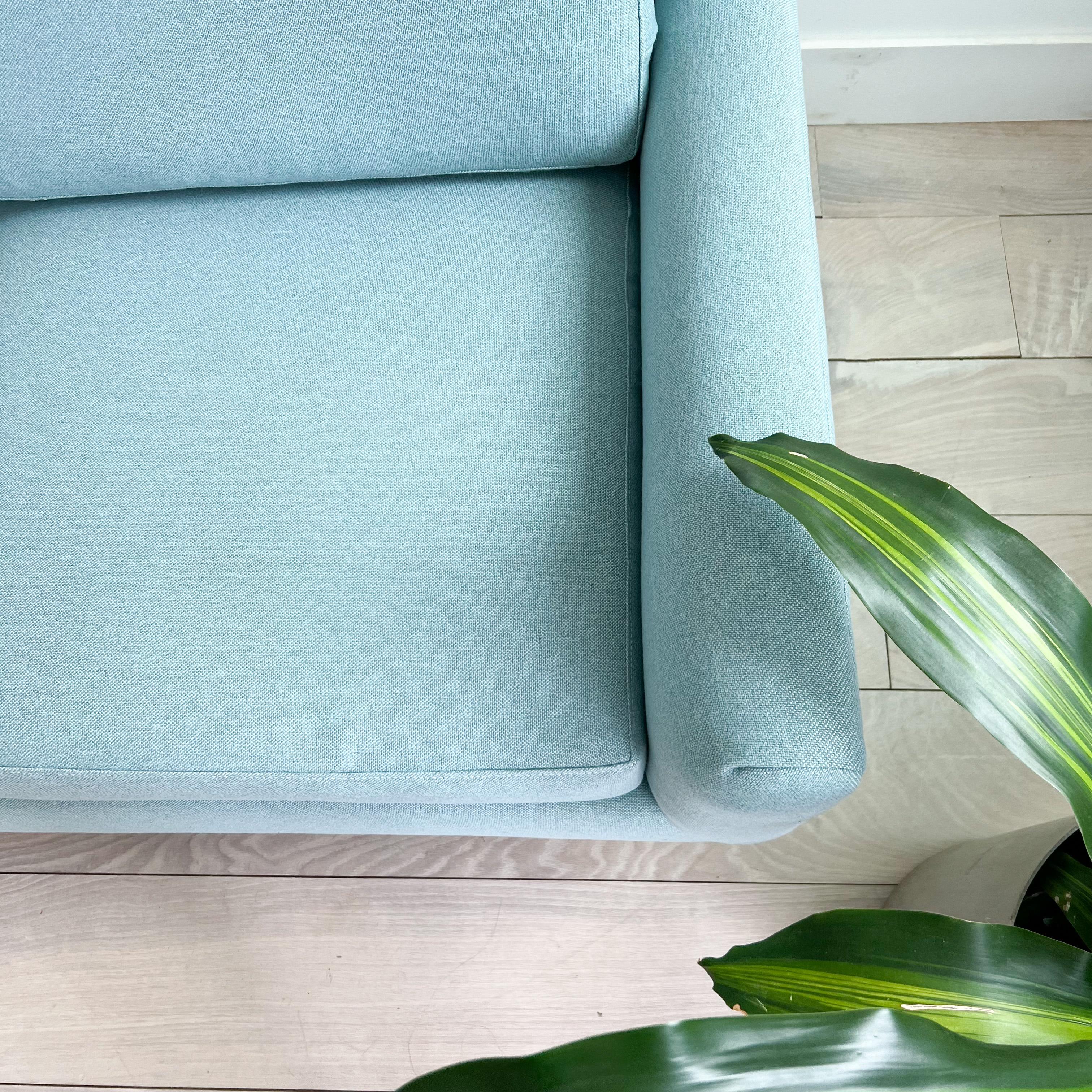 Extra Long Mid-Century Modern Sofa with Curved Back and Brass Legs 9