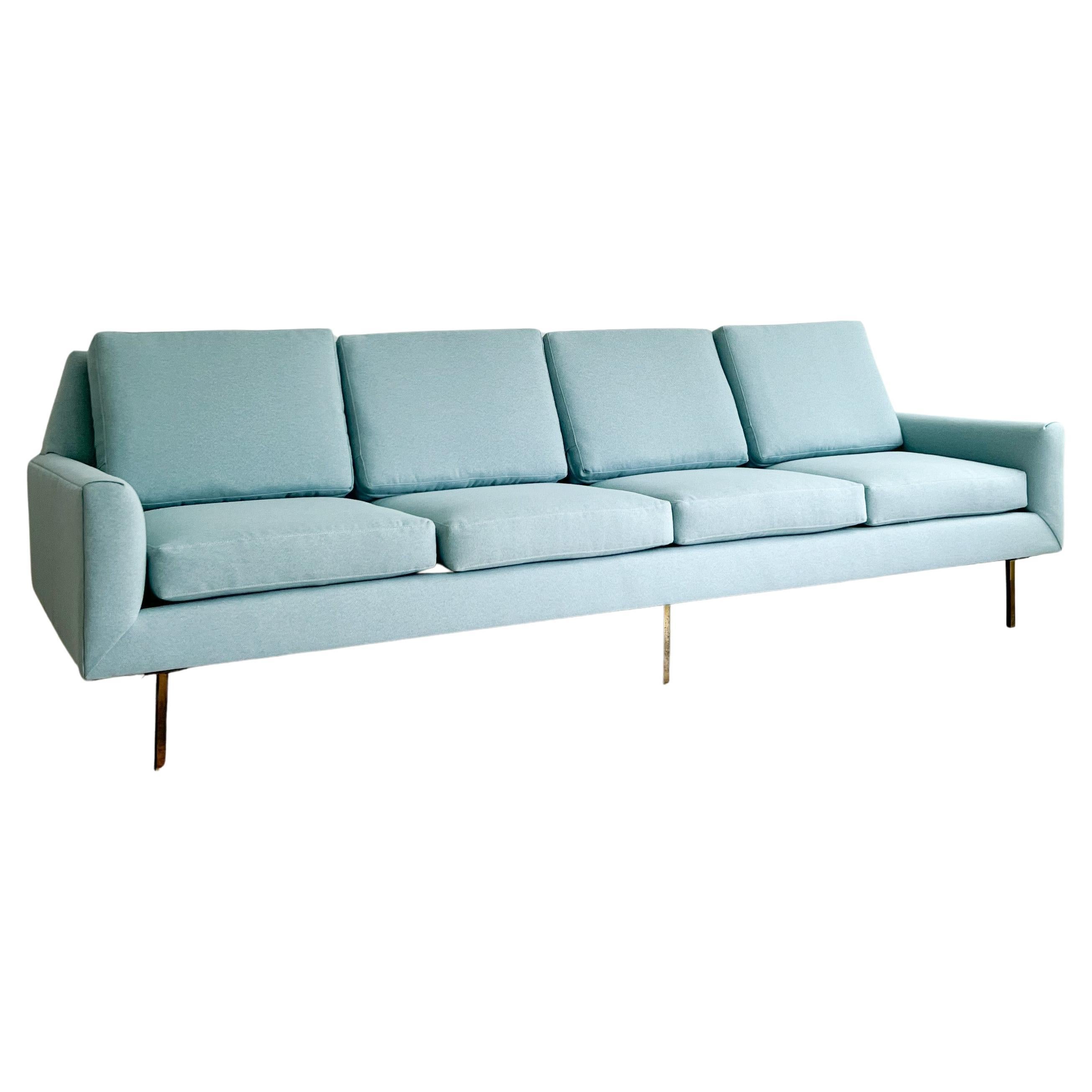Extra Long Mid-Century Modern Sofa with Curved Back and Brass Legs