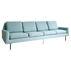 Extra Long Mid-Century Modern Sofa with Curved Back and Brass Legs