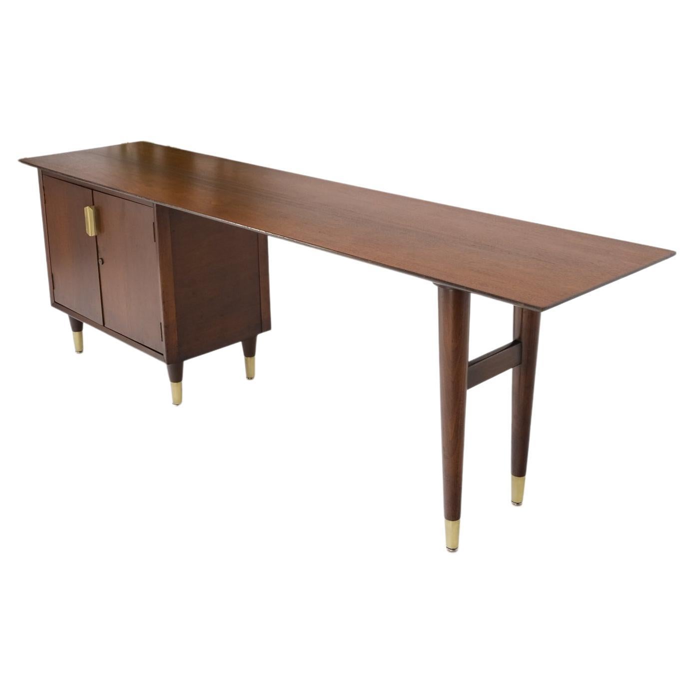 Extra Long Mid Century Modern Walnut Console Table w/ Two Door Compartment