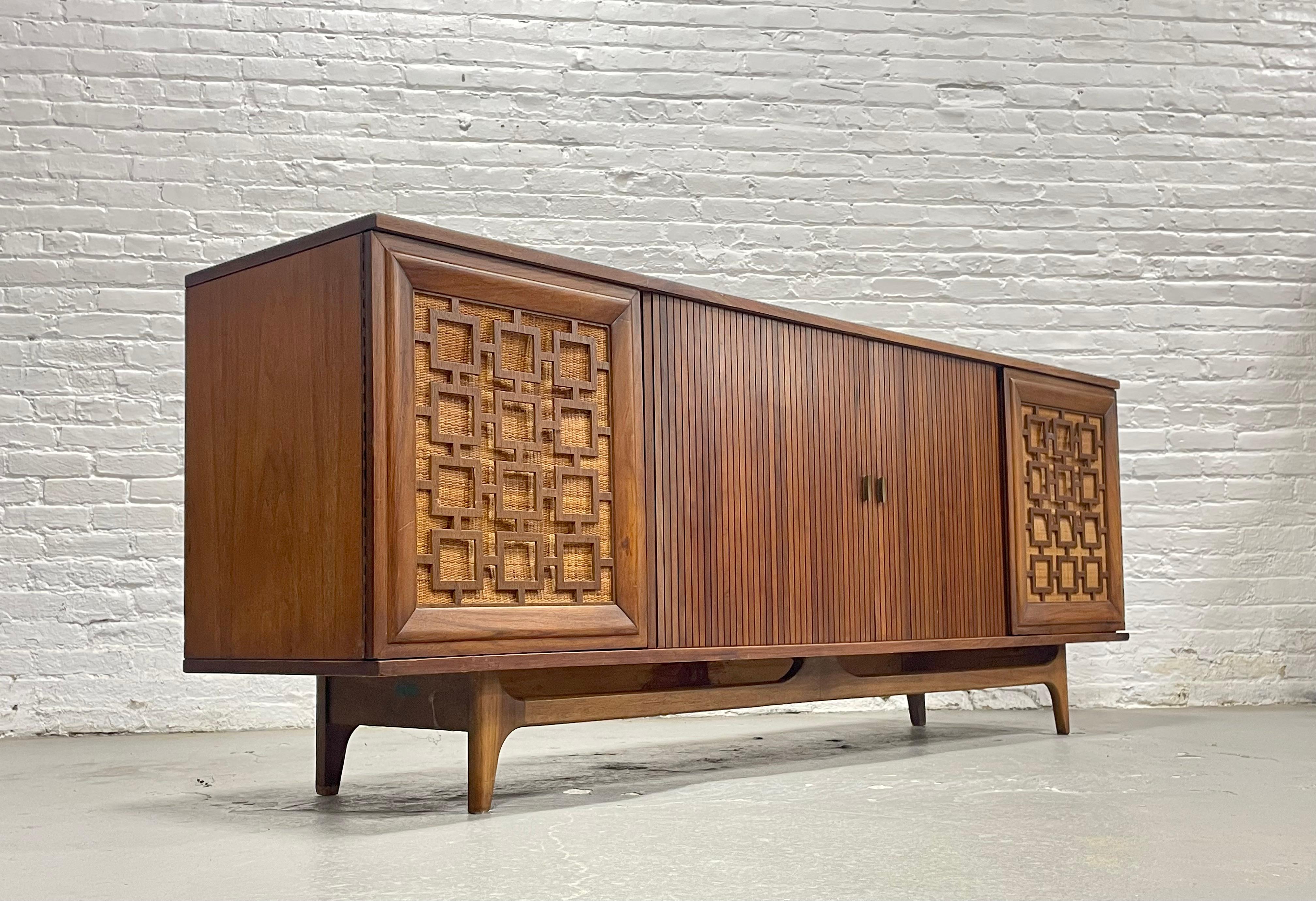 Caning Extra Long Mid-Century Modern Walnut Credenza with Cane Accents, c. 1960s For Sale