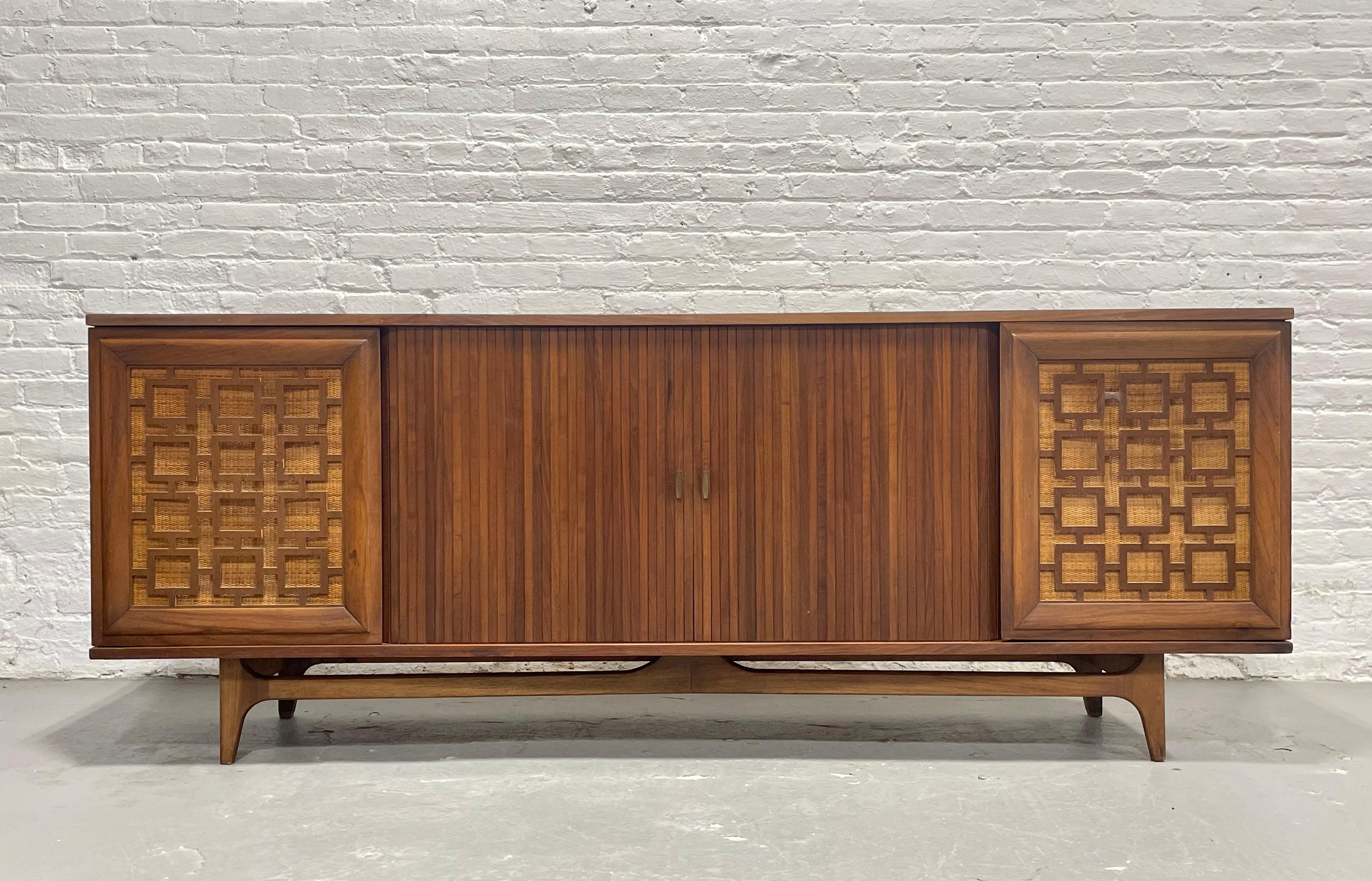 Mid-20th Century Extra Long Mid-Century Modern Walnut Credenza with Cane Accents, c. 1960s For Sale