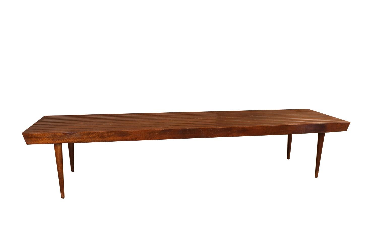 Extra Long Mid Century Slatted Wood Bench Coffee Table George Nelson Style In Good Condition In Baltimore, MD