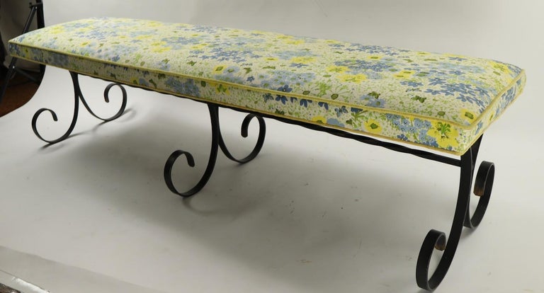 Extra Long Mid Century Wrought Iron And Upholstered Bench For Sale