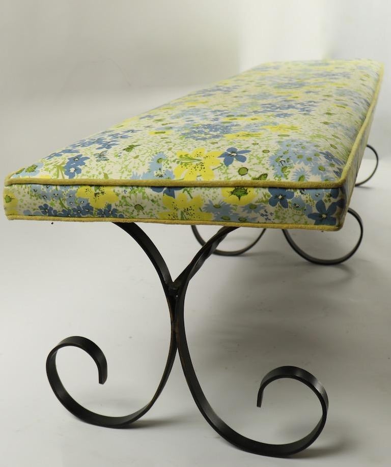 Extra Long Mid Century Wrought Iron And Upholstered Bench For Sale