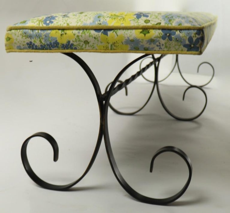 Extra Long Mid Century Wrought Iron And Upholstered Bench For Sale