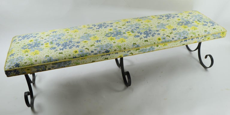 Extra Long Mid Century Wrought Iron And Upholstered Bench For Sale