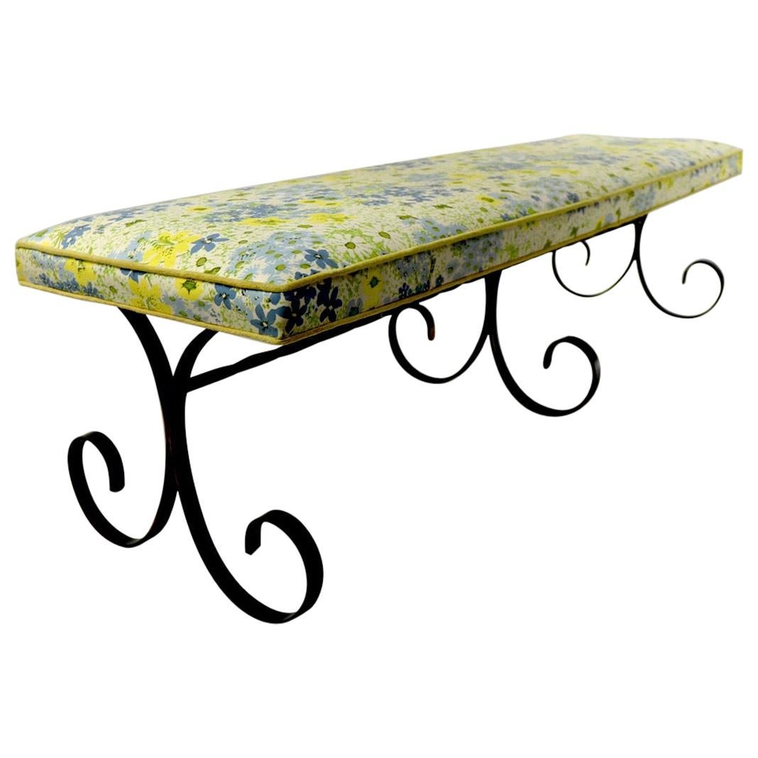 Extra Long Mid Century Wrought Iron and Upholstered Bench