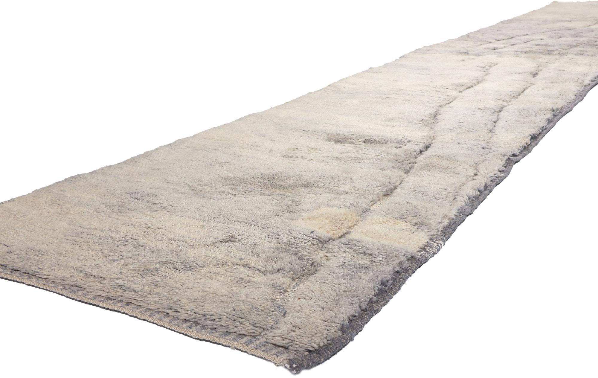 78685 Extra-Long Modern Lavender-Gray Moroccan Rug Runner, 03'02 x 18'04. Introducing our exquisite hand-knotted wool Moroccan rug runner, a perfect blend of modern style and contemporary elegance. Crafted with meticulous attention to detail, this