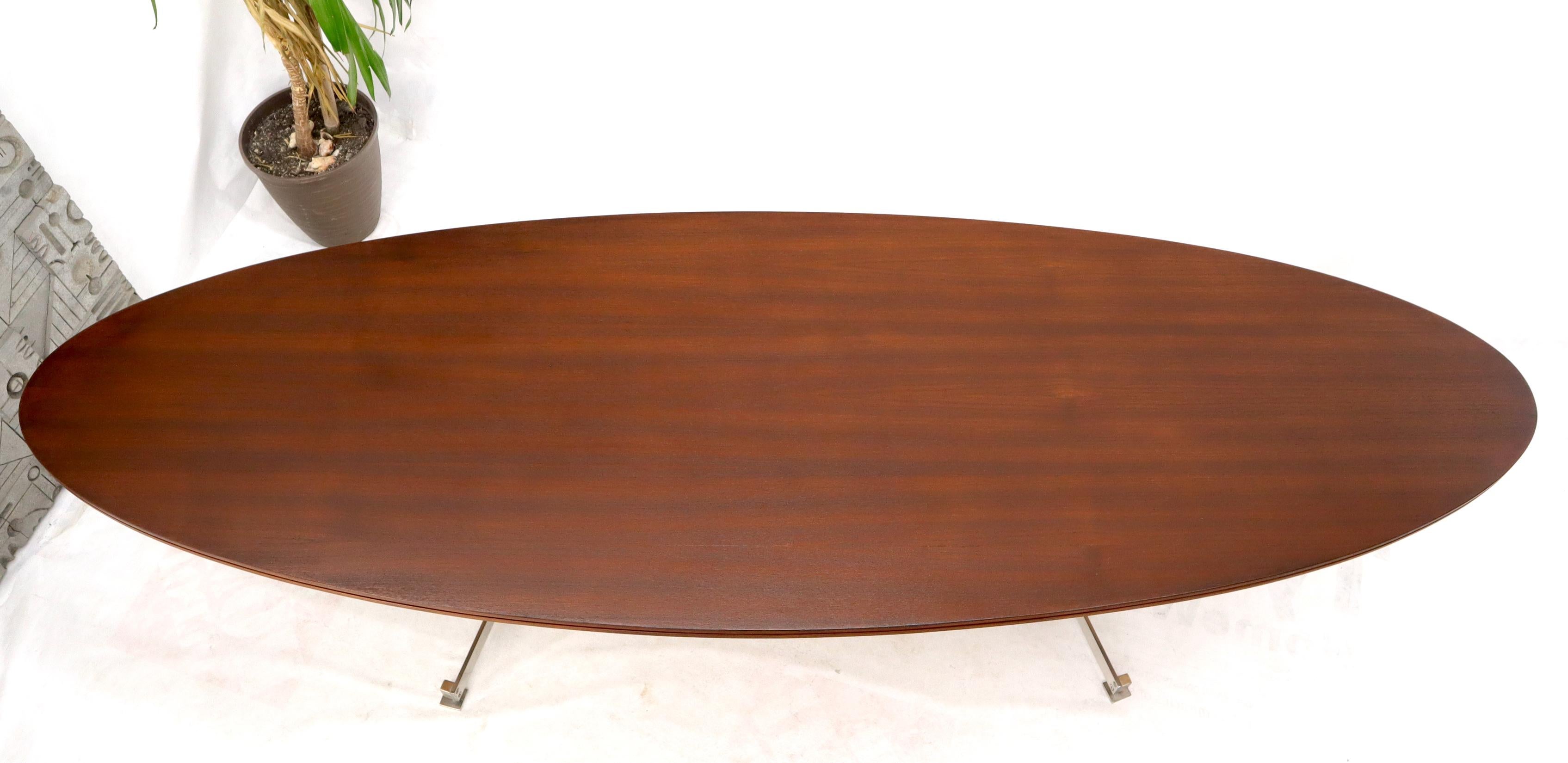 Mid-Century Modern Extra Long Oval Dark Walnut Dining Conference Table on Stainless Chrome Base For Sale