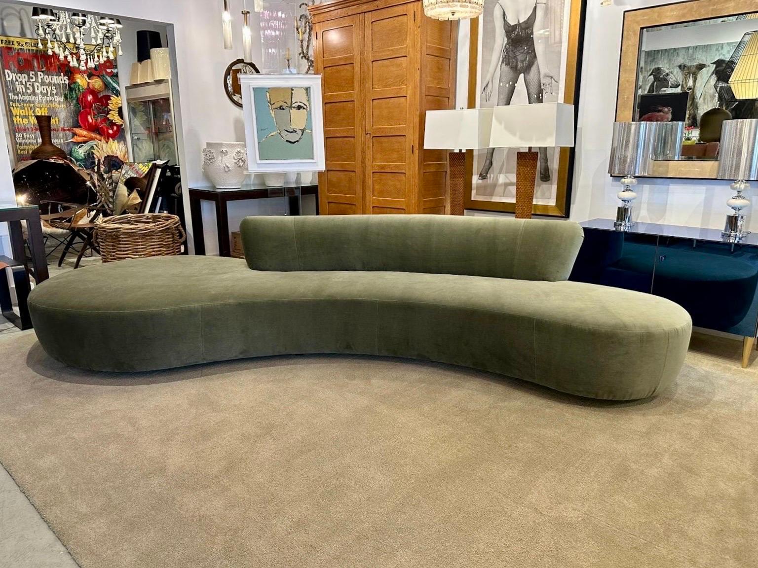 American Extra Long Serpentine Style Sofa in Sage Green Velvet For Sale