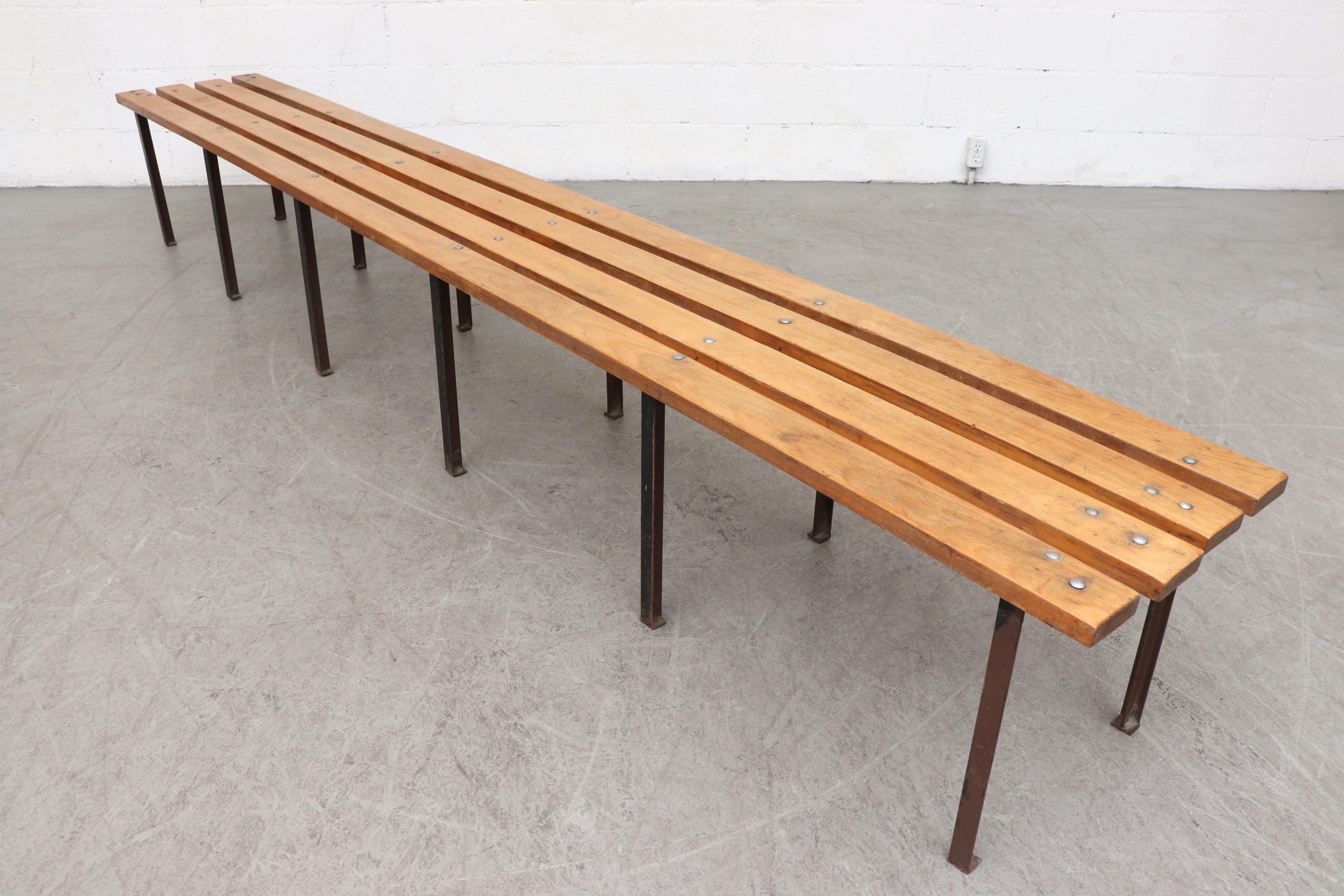 Mid-Century Modern Extra Long Slat Wooden Bench with Enameled Metal Legs