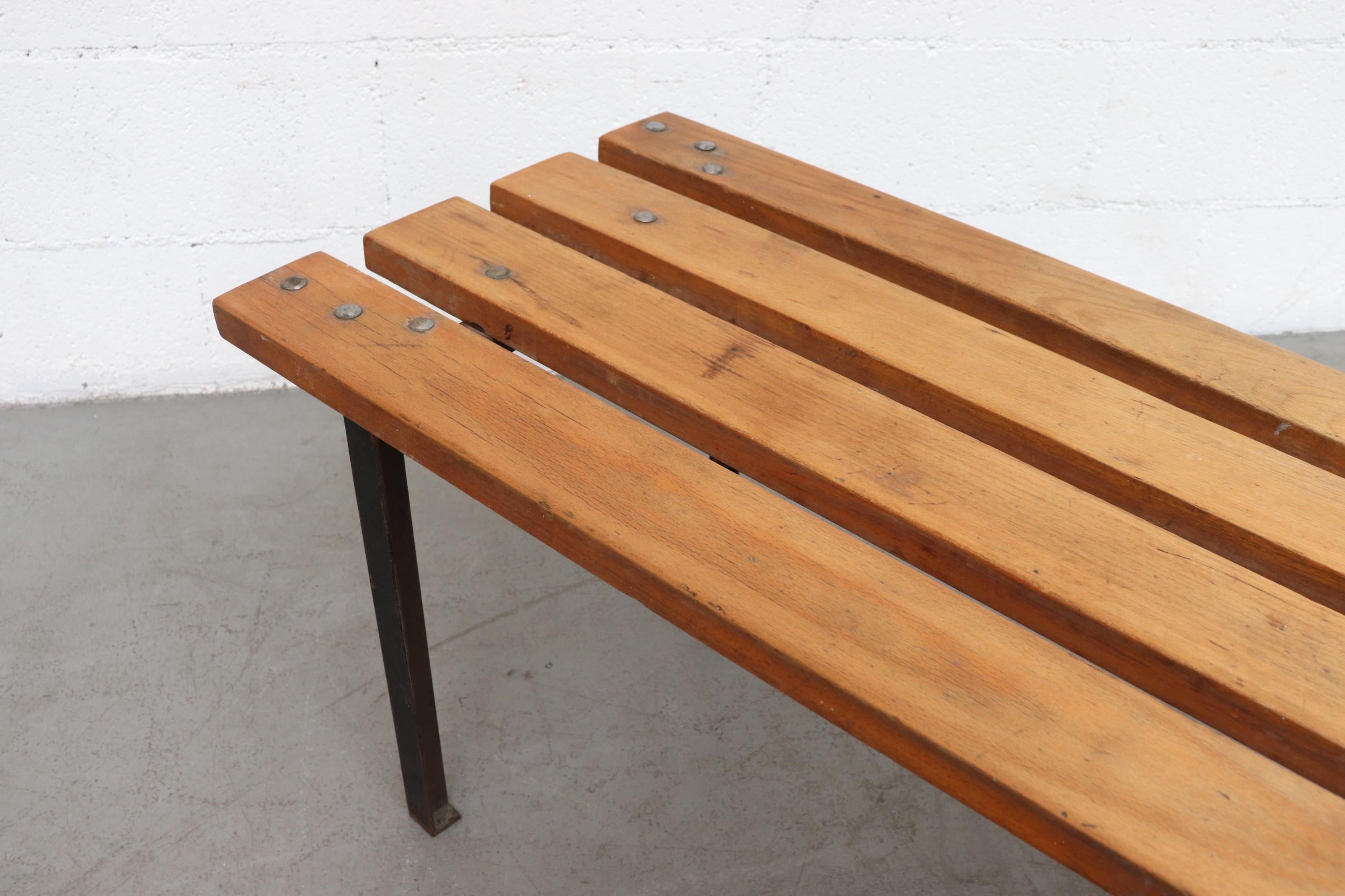 Dutch Extra Long Slat Wooden Bench with Enameled Metal Legs
