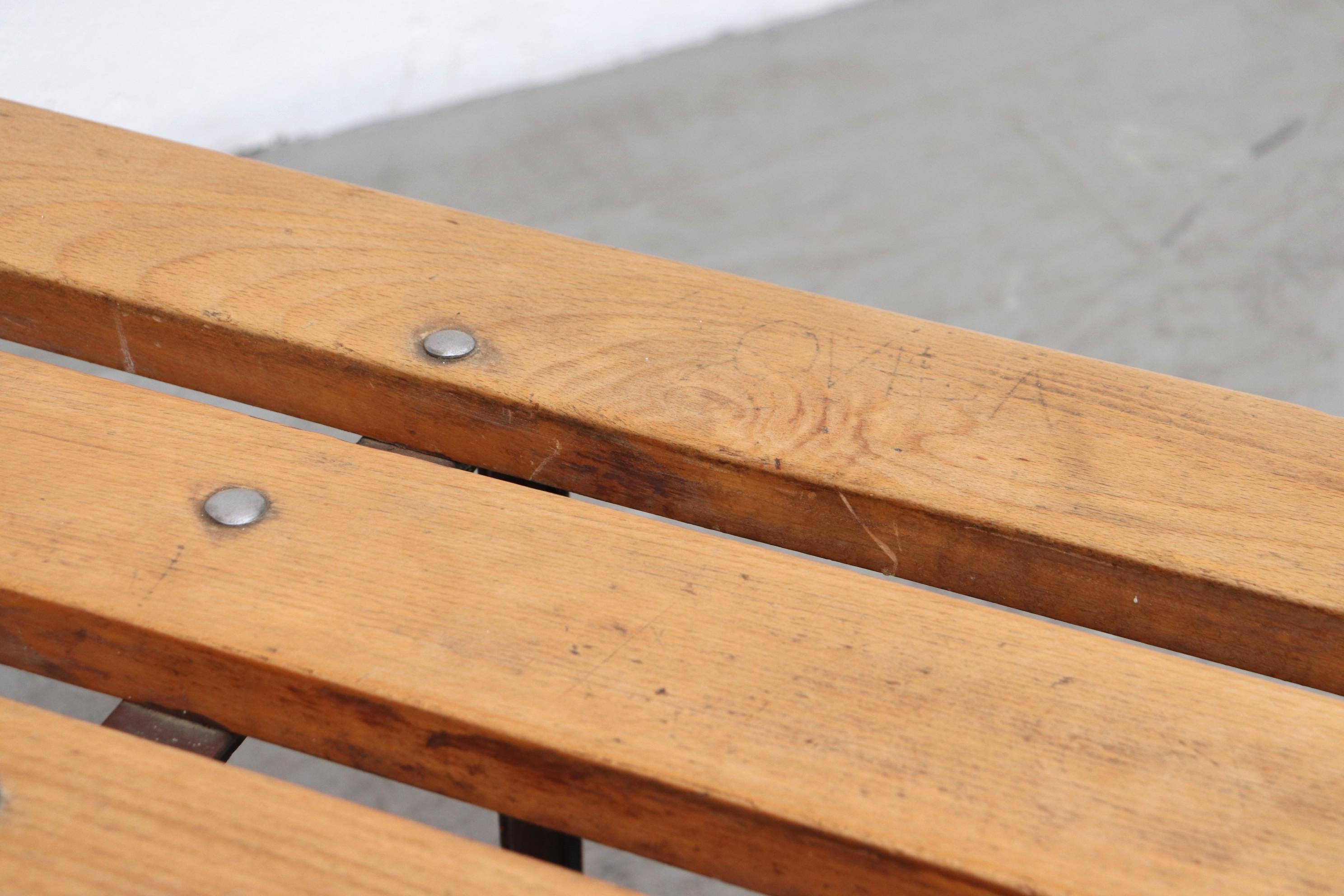 Late 20th Century Extra Long Slat Wooden Bench with Enameled Metal Legs