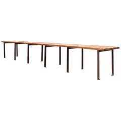 Vintage Extra Long Slat Wooden Bench with Enameled Metal Legs