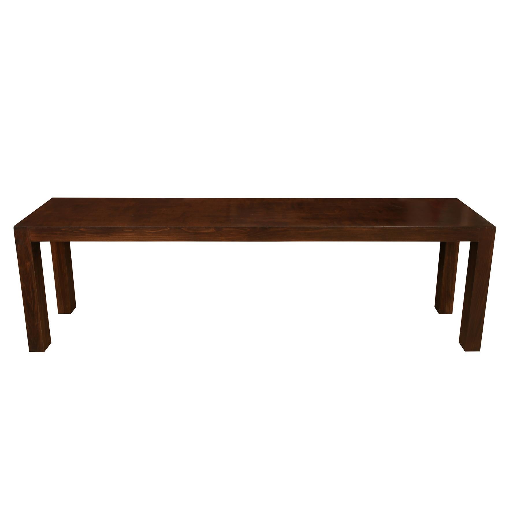 Extra long stained walnut parsons style console table.
