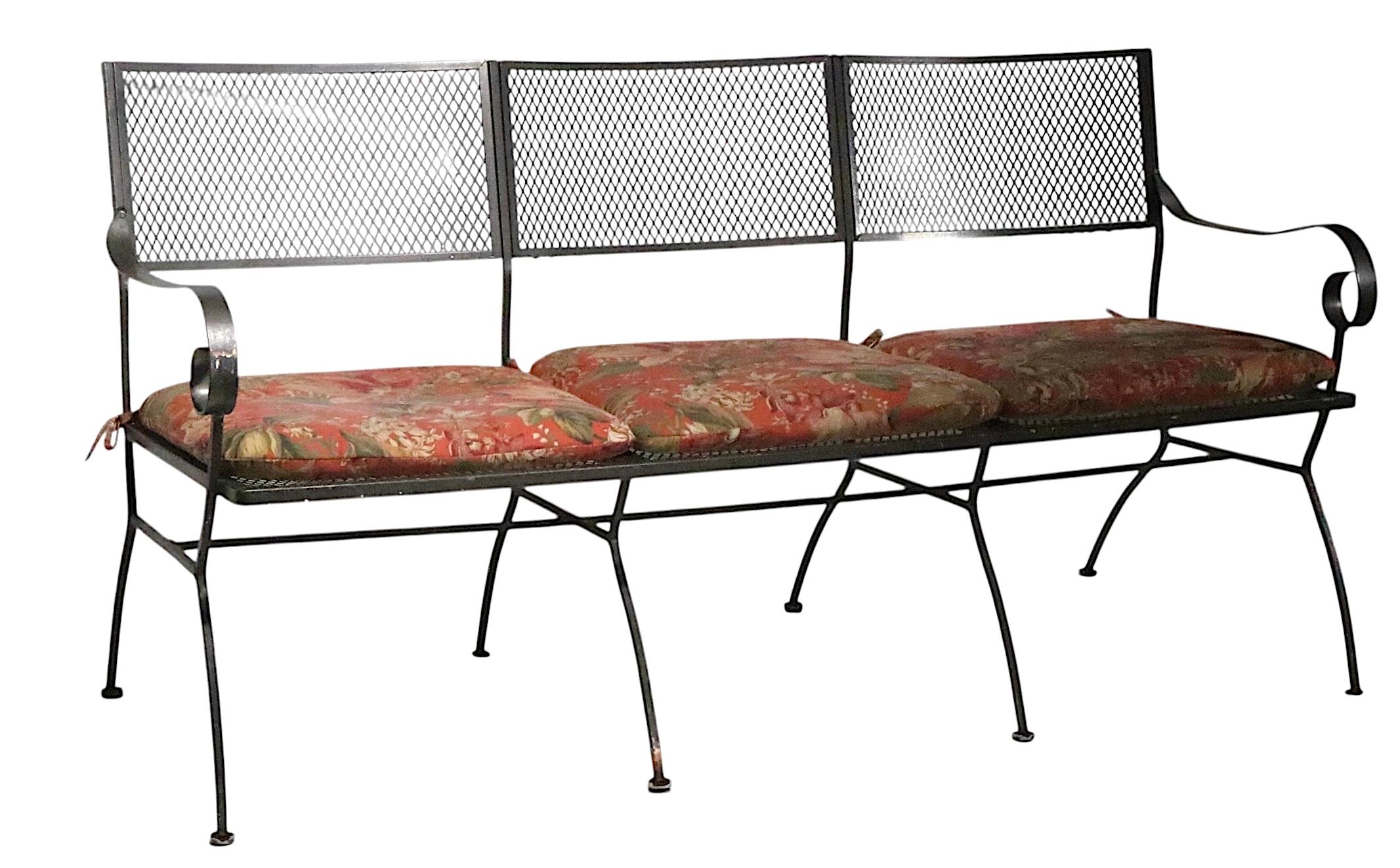 Extra Long Three Seat Wrought Iron and Metal Garden Patio Bench att. to Woodard en vente 11