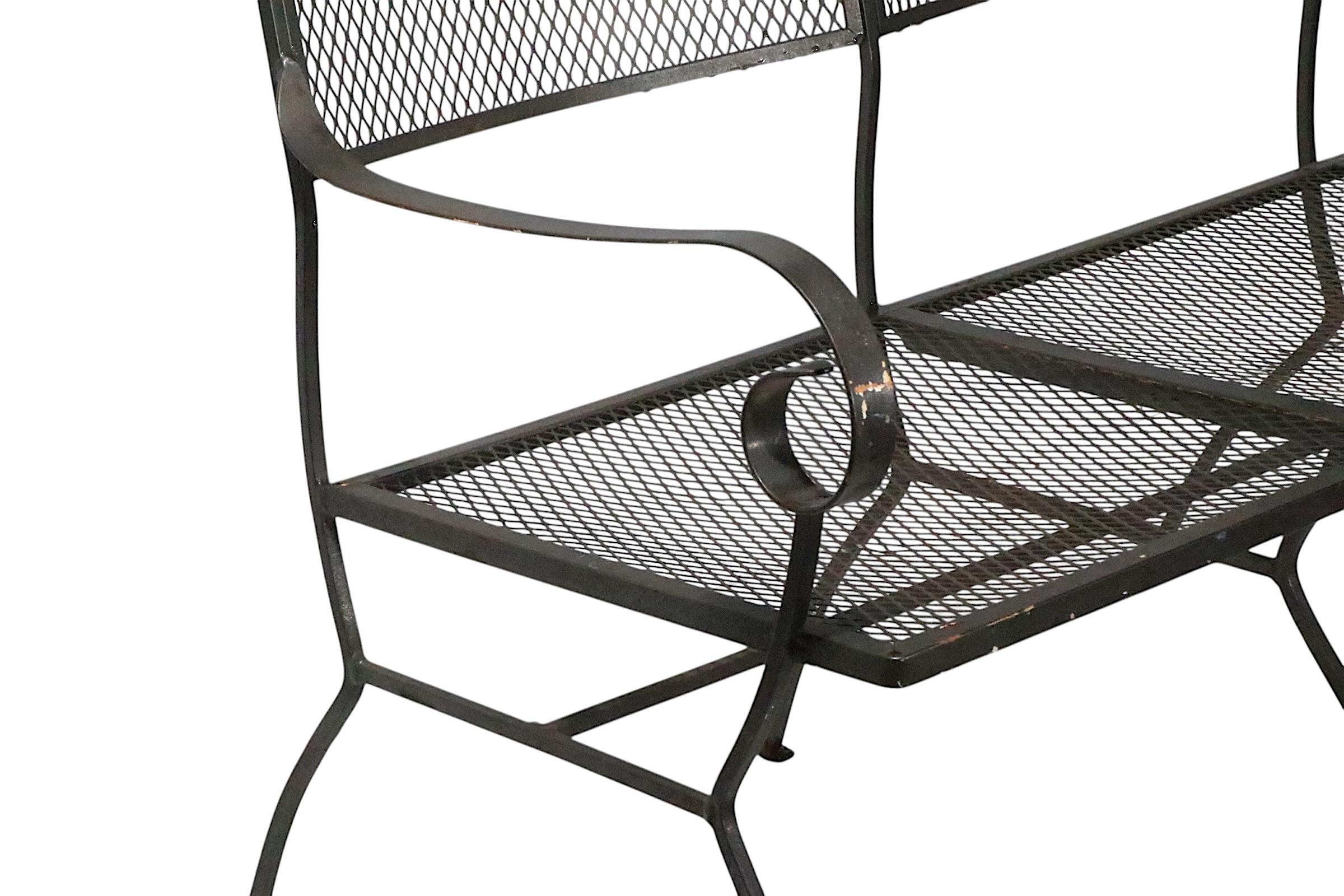 Américain Extra Long Three Seat Wrought Iron and Metal Garden Patio Bench att. to Woodard en vente