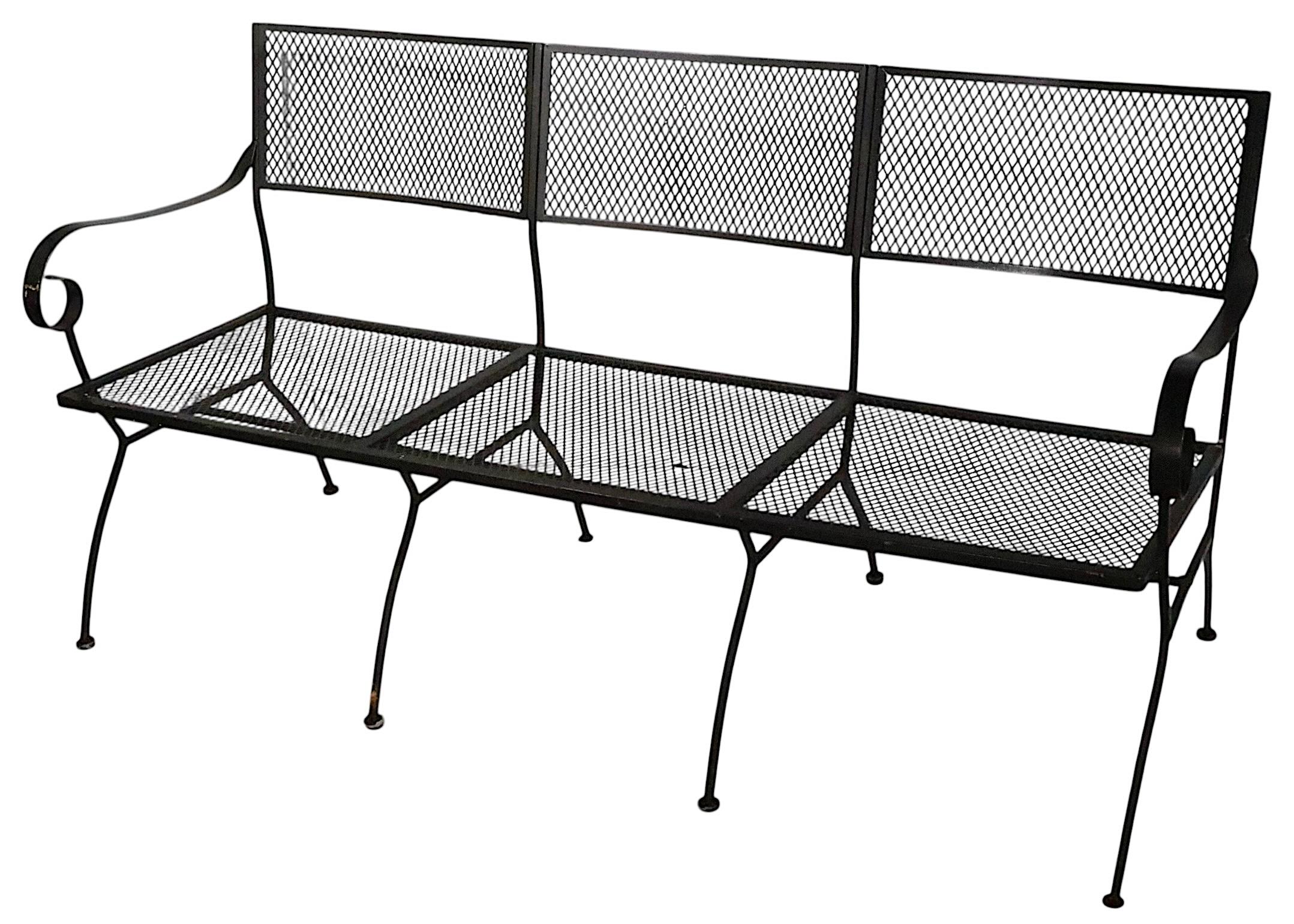 20ième siècle Extra Long Three Seat Wrought Iron and Metal Garden Patio Bench att. to Woodard en vente