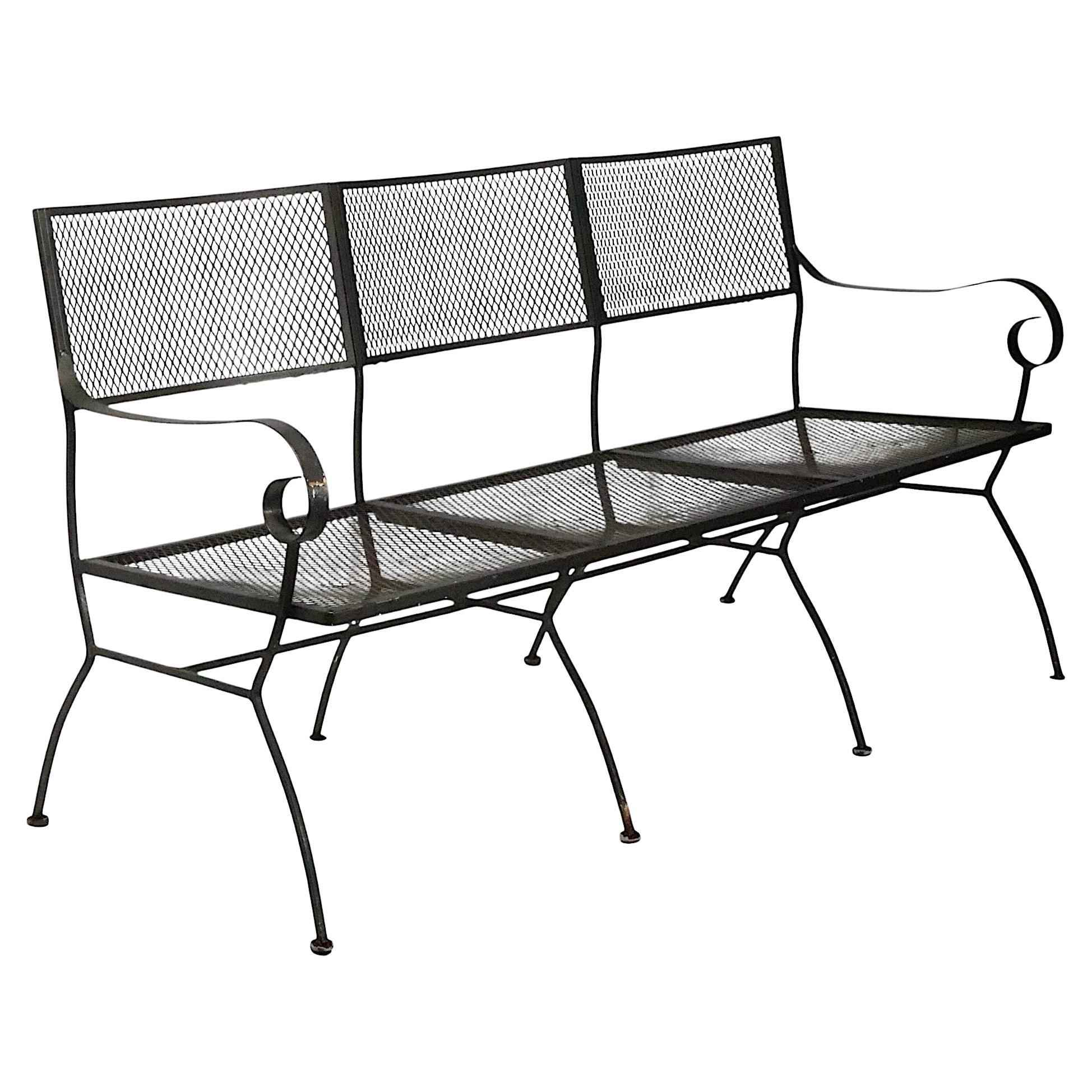 Extra Long Three Seat Wrought Iron and Metal Garden Patio Bench att. to Woodard en vente